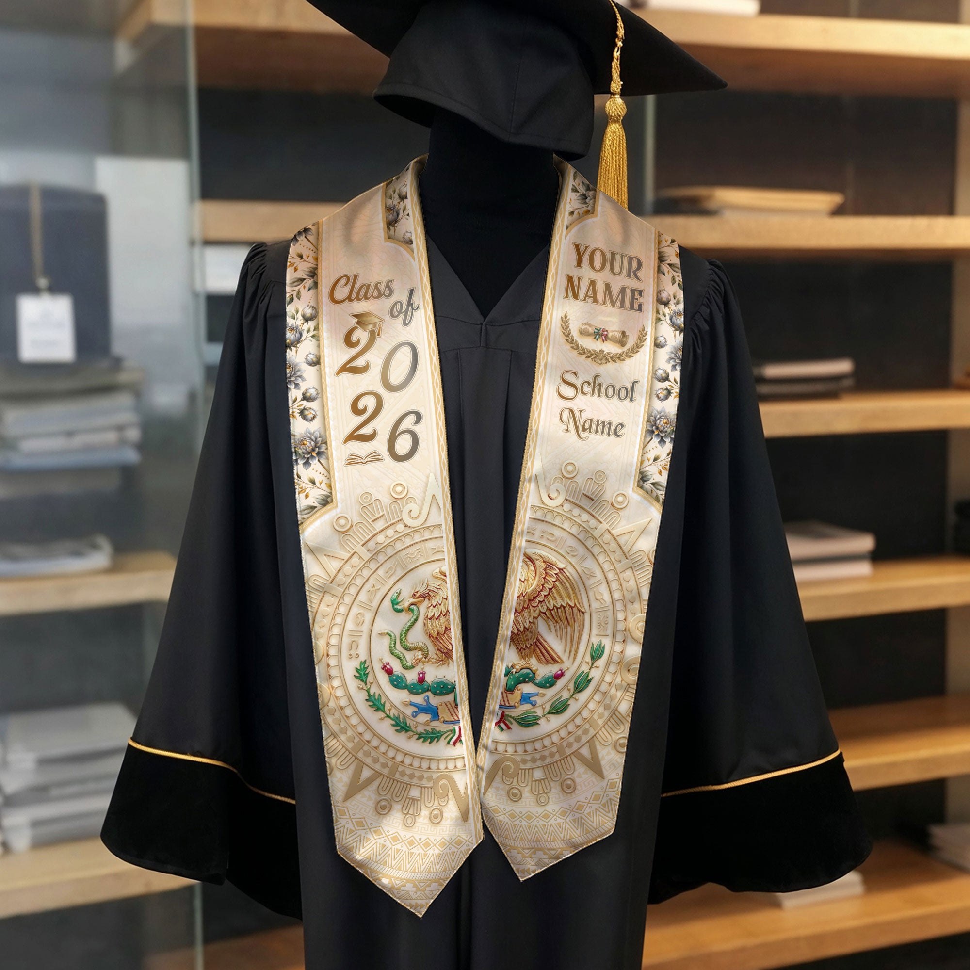 Mexico Graduation Stole 2026 Eagle Mexican American Heritage Personalized Cream Sash