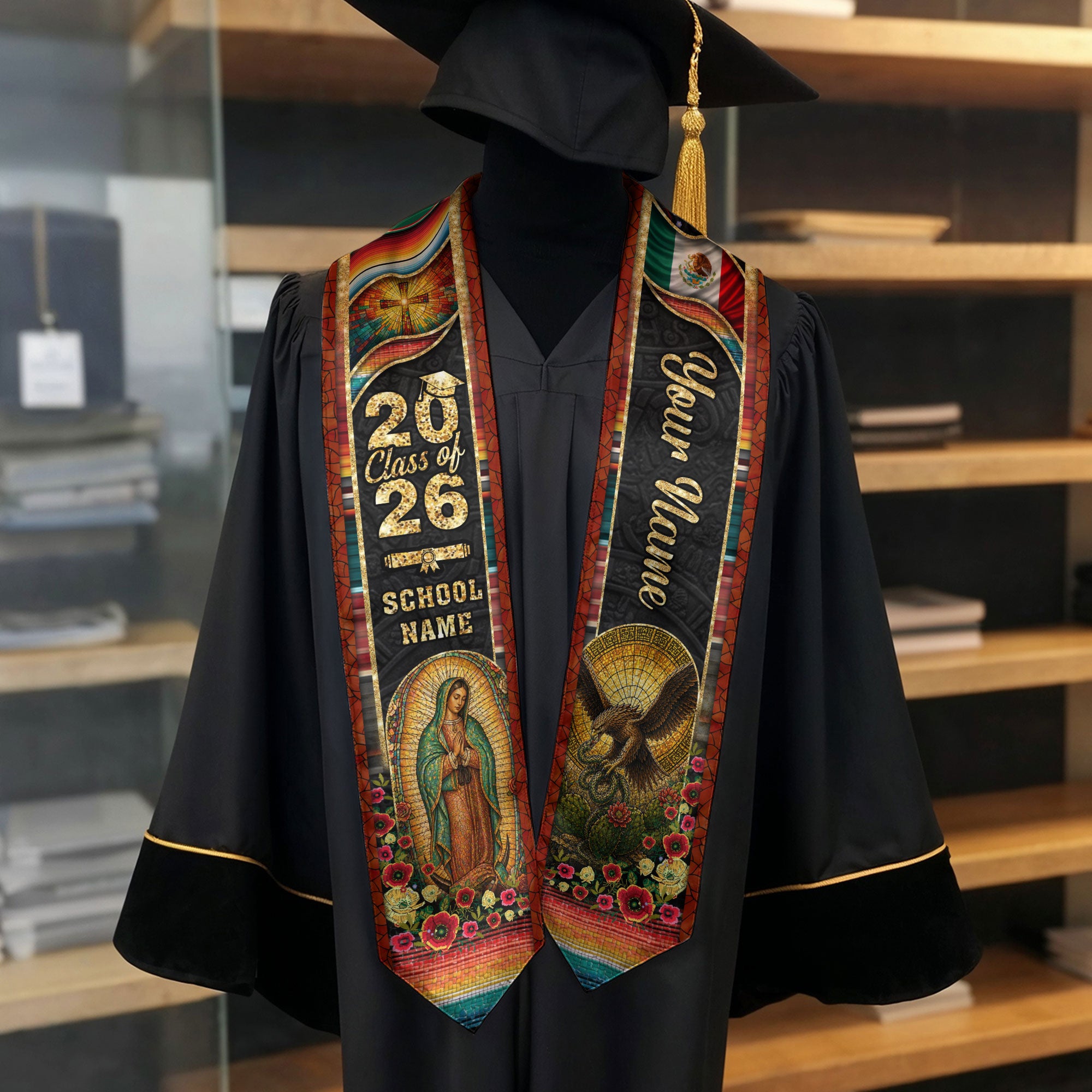Mexico Graduation Stole 2026 Virgin Mary Eagle Serape Personalized Heritage Mosaic Sash