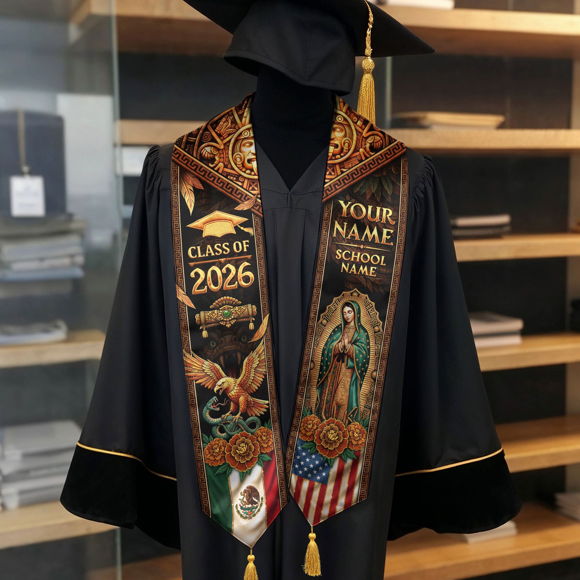 Mexico USA Graduation Stole 2026 Tassels Virgin Mary Eagle Personalized Gold Sash
