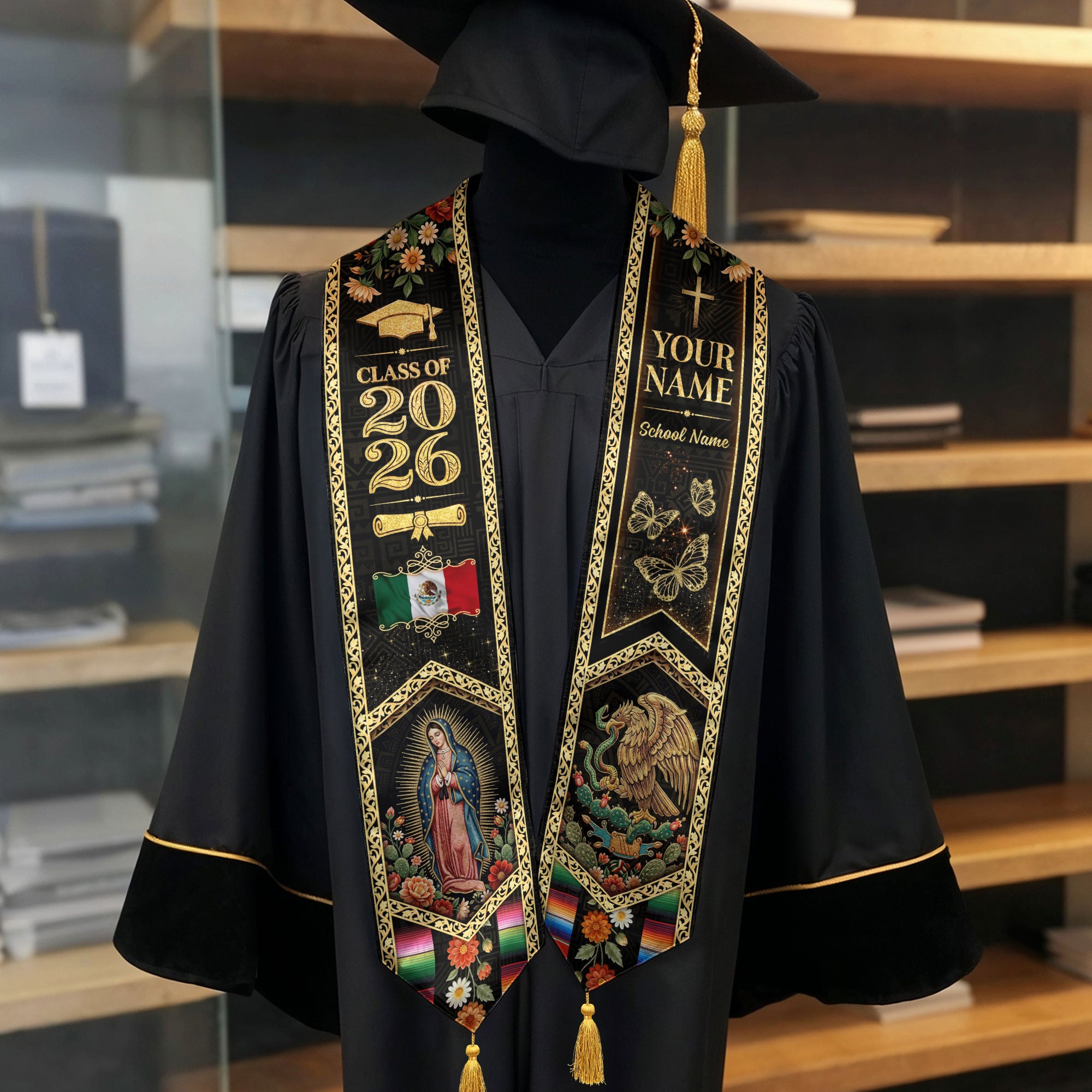 Custom Mexico Graduation Stole 2026 Tassels Virgin Mary Eagle Black Gold Sash