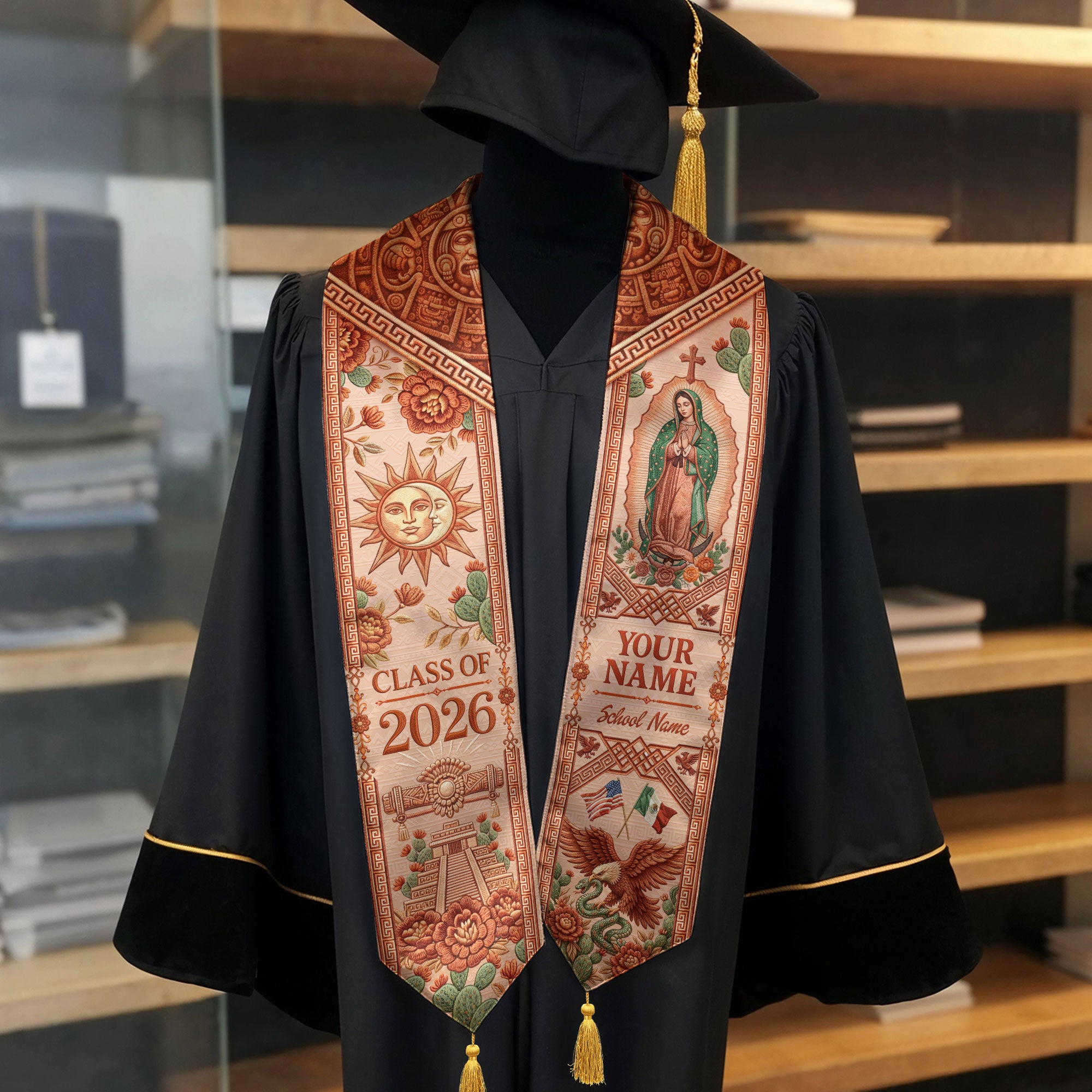 Personalized Mexico Graduation Stole 2026 Tassels Virgin Mary Terracotta Aztec Sash