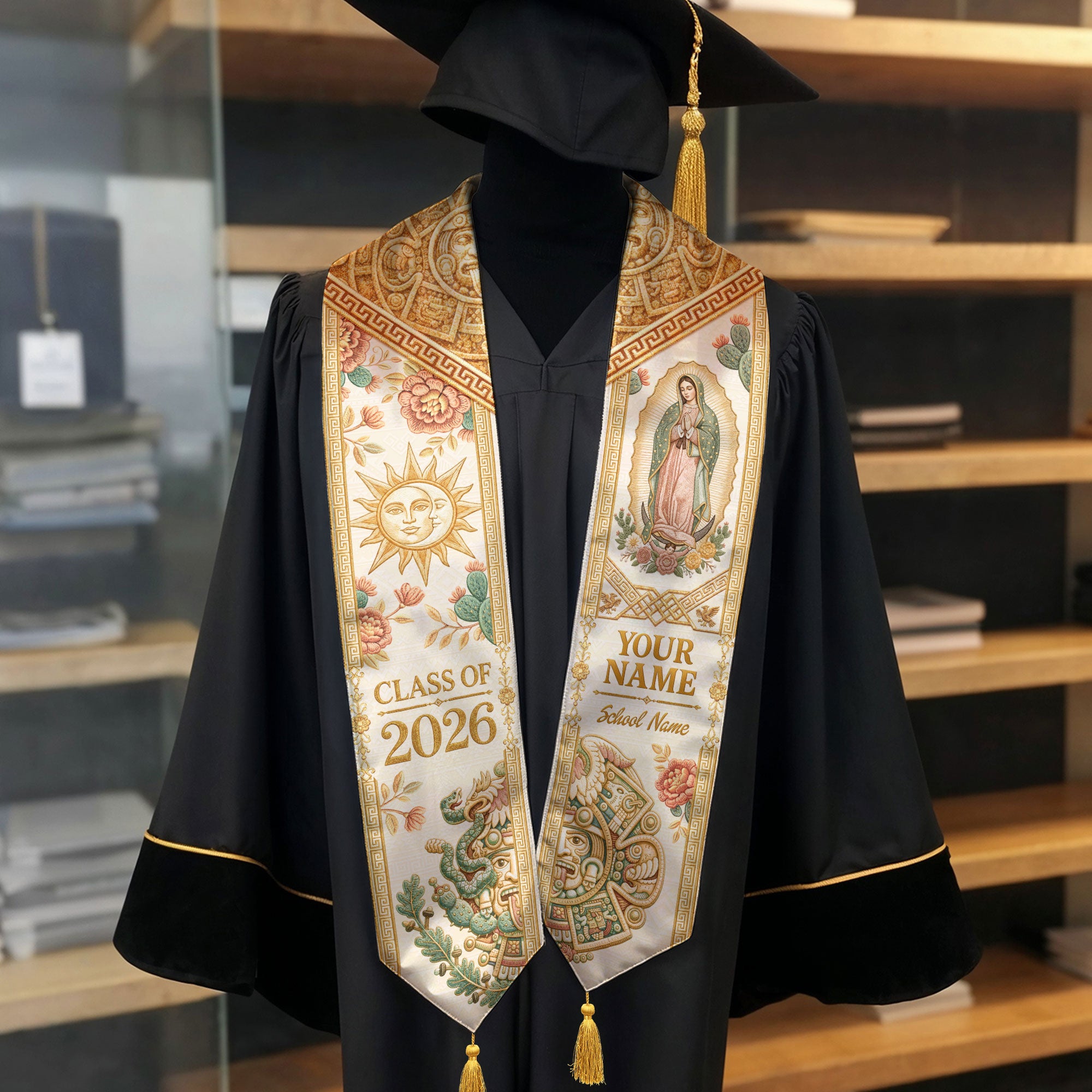 Custom Mexico Graduation Stole 2026 Tassels Virgin Mary Ivory Aztec Gold Sash