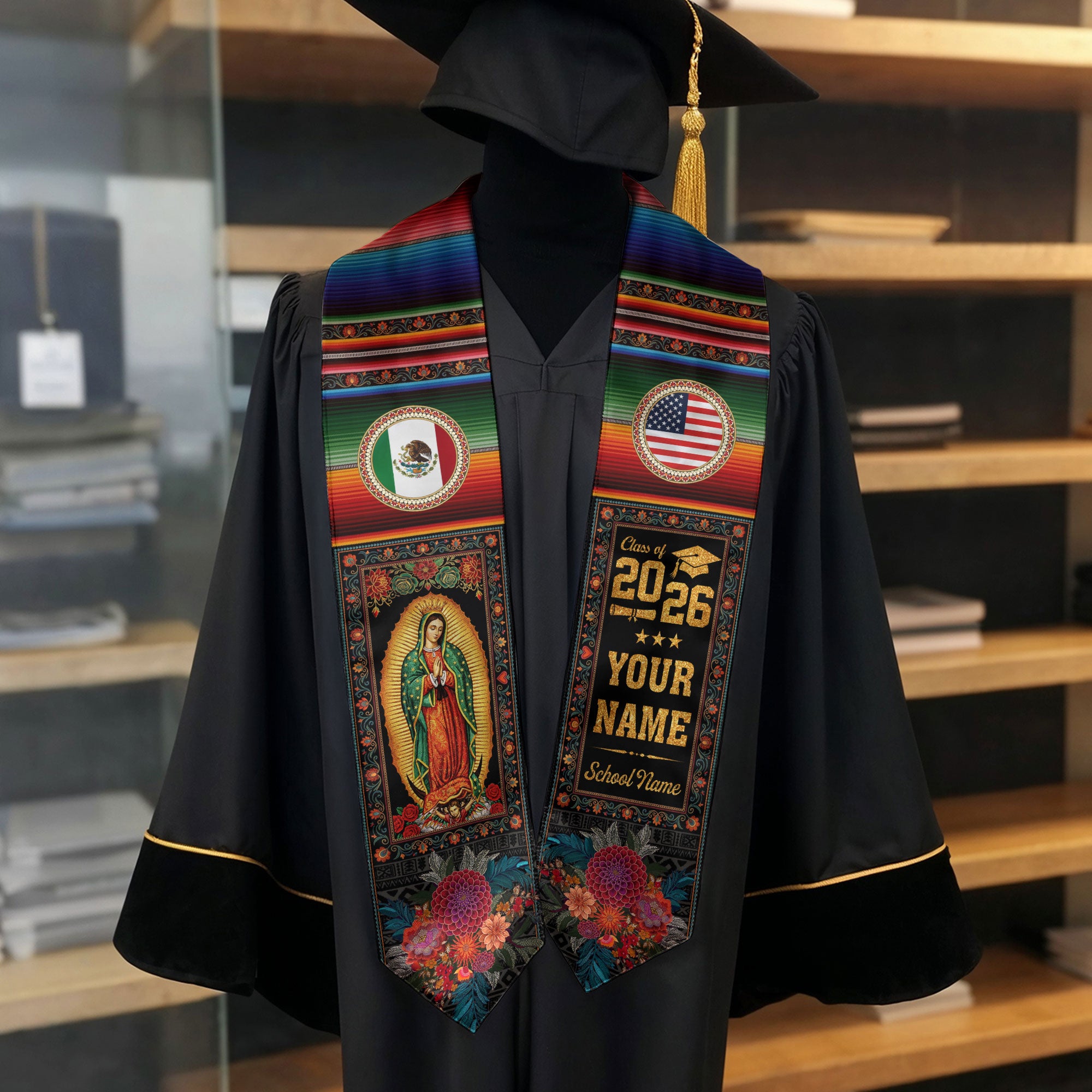 Mexico Serape Graduation Stole Custom Name 2026 Mexican American Grad Gift Sash