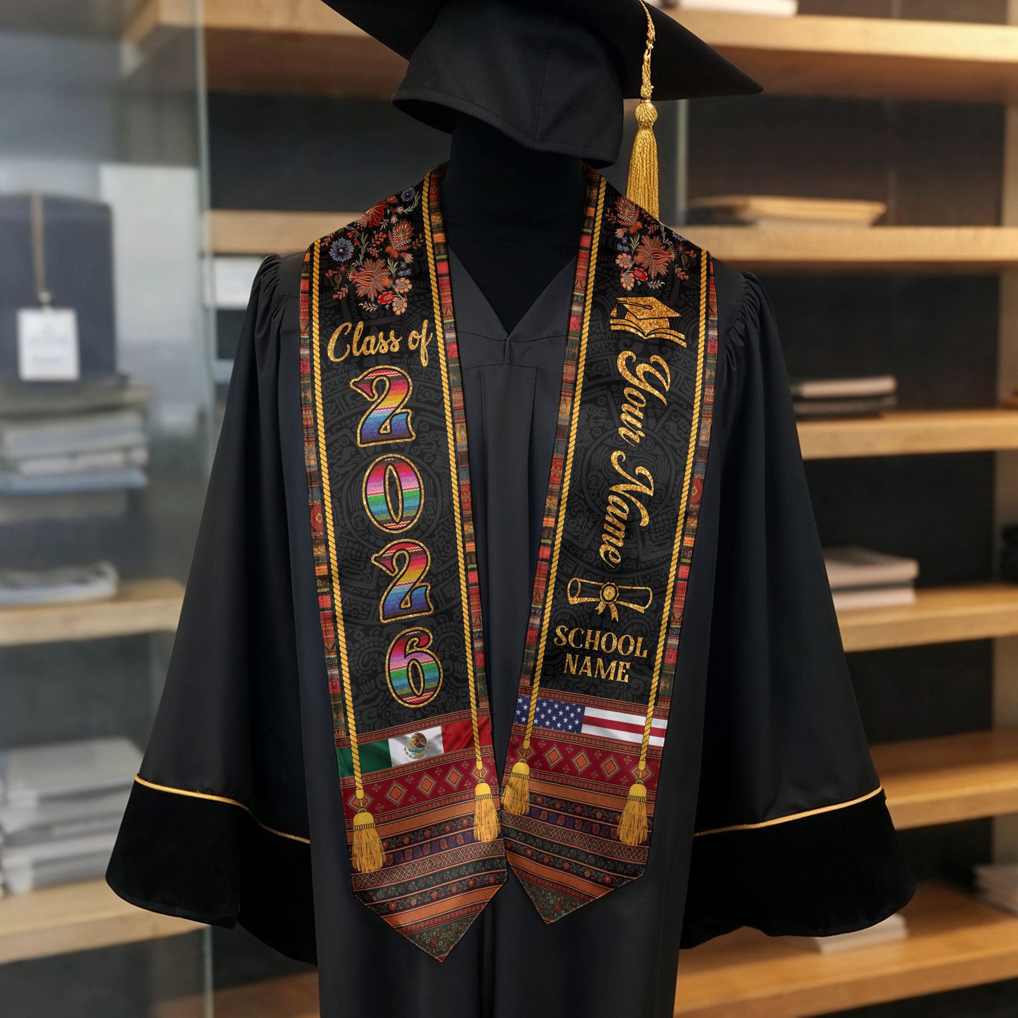 Custom Mexican American Grad Stole Class of 2026 Embroidered Style Graduation Sash