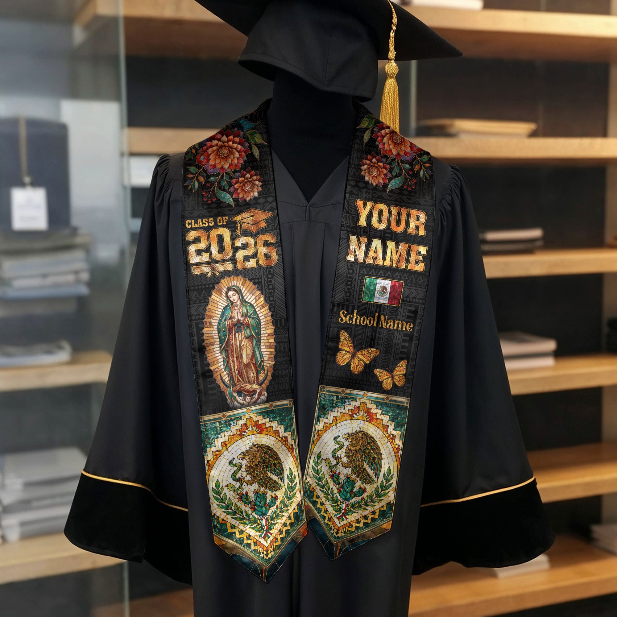 Mexico Grad Stole Custom Name 2026 Virgen De Guadalupe Mexican Senior Sash