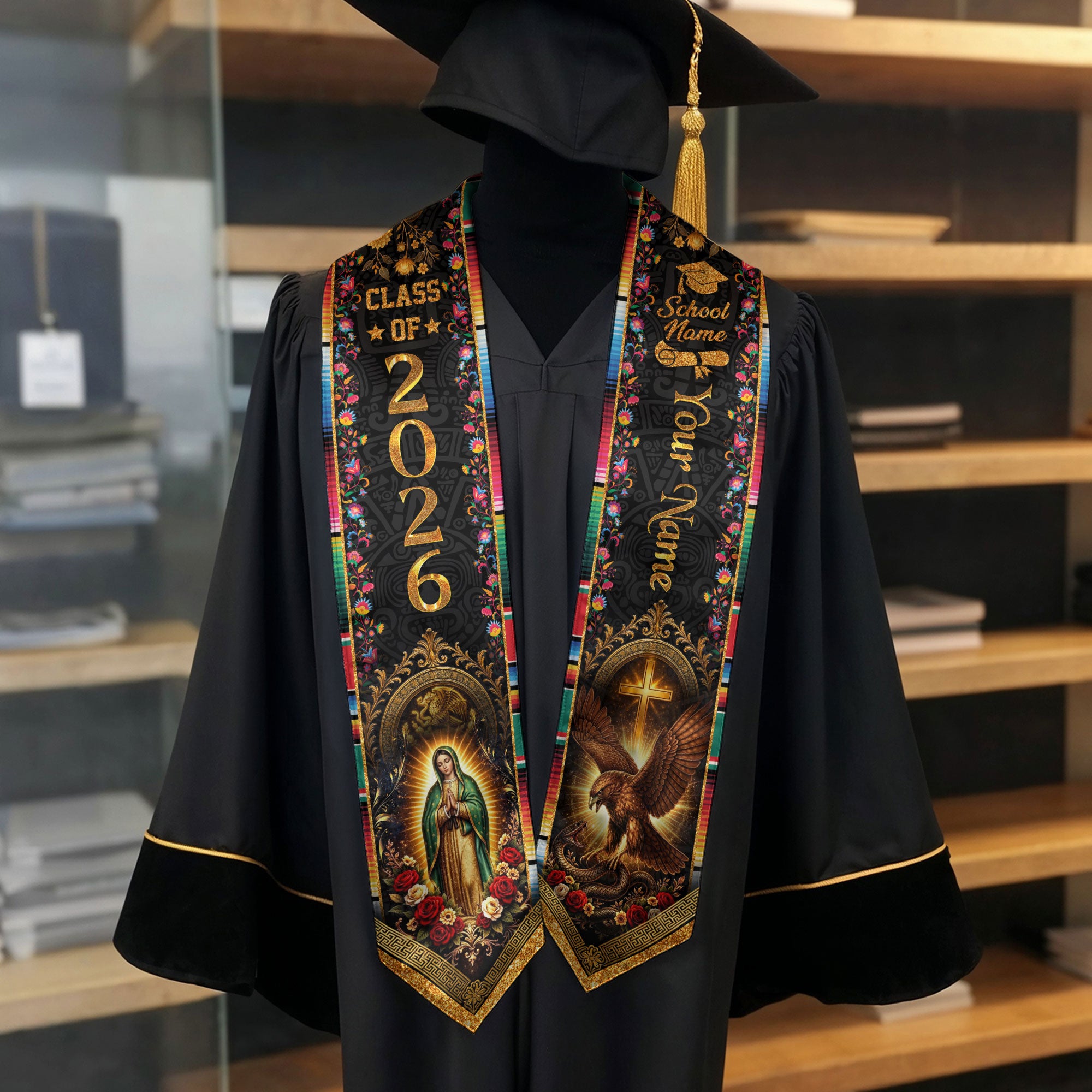 Mexico Graduation Stole Custom Class of 2026 Virgin Mary Aztec Eagle Serape Sash