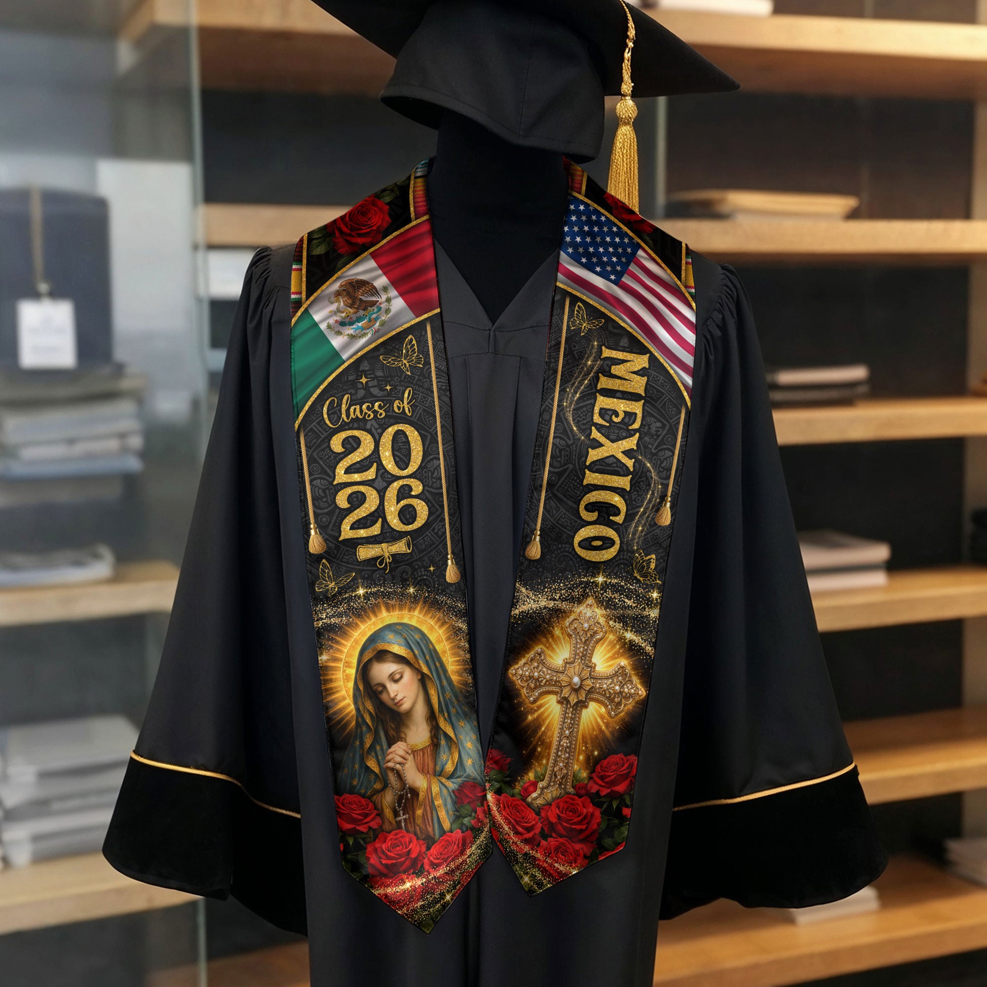 Mexico Graduation Stole Class of 2026 Virgin Mary Guadalupe Cross Serape Mexican Flag