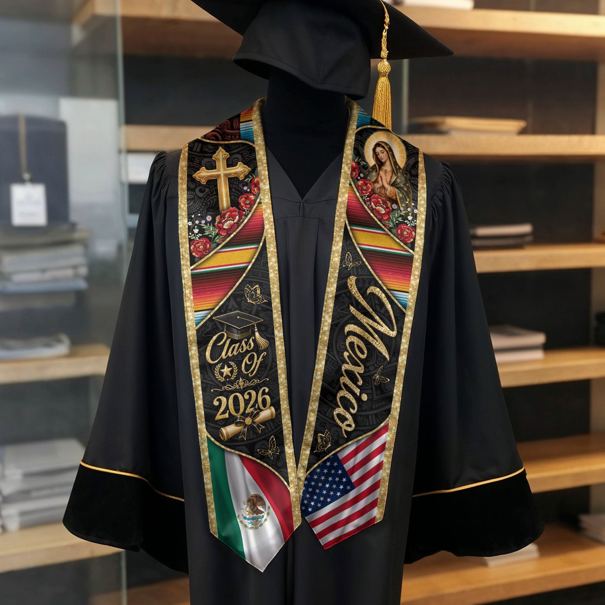Mexico Stole Graduation 2026 Virgin Mary Cross Gold Glitter Mexican USA Flag Serape