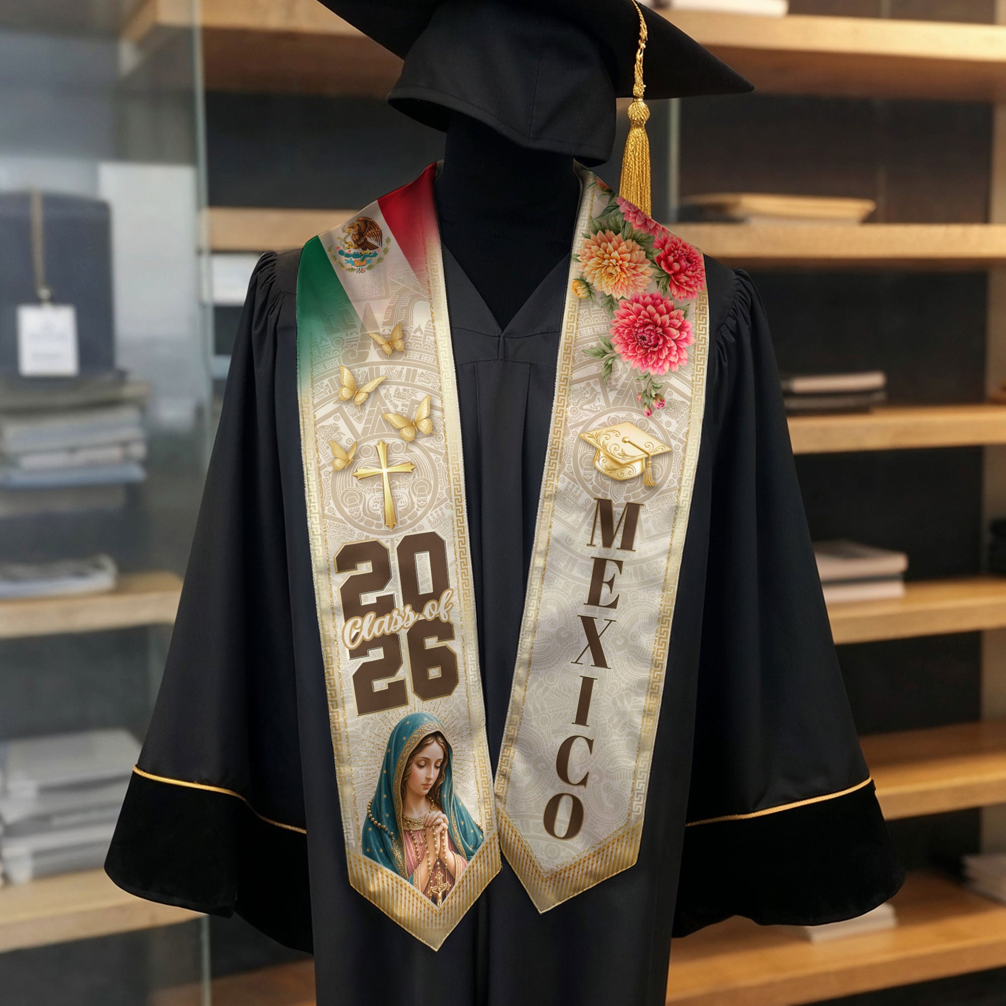 Mexico Graduation Stole Class of 2026 Virgin Mary Cross Cream Floral Dahlia Mexican Flag