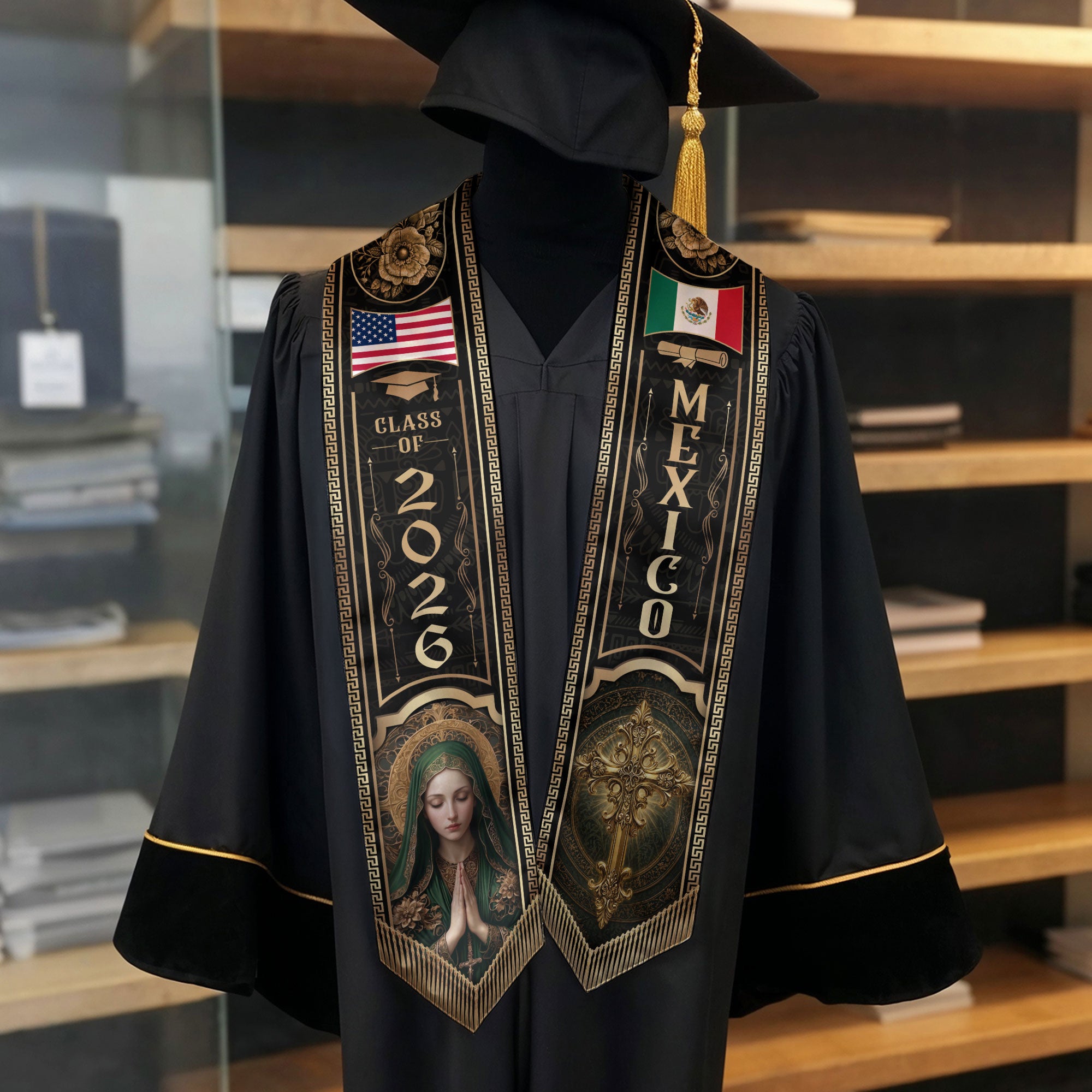 Mexico Graduation Stole Class of 2026 Virgin Mary Cross Gold Black Mexican USA Flag Sash