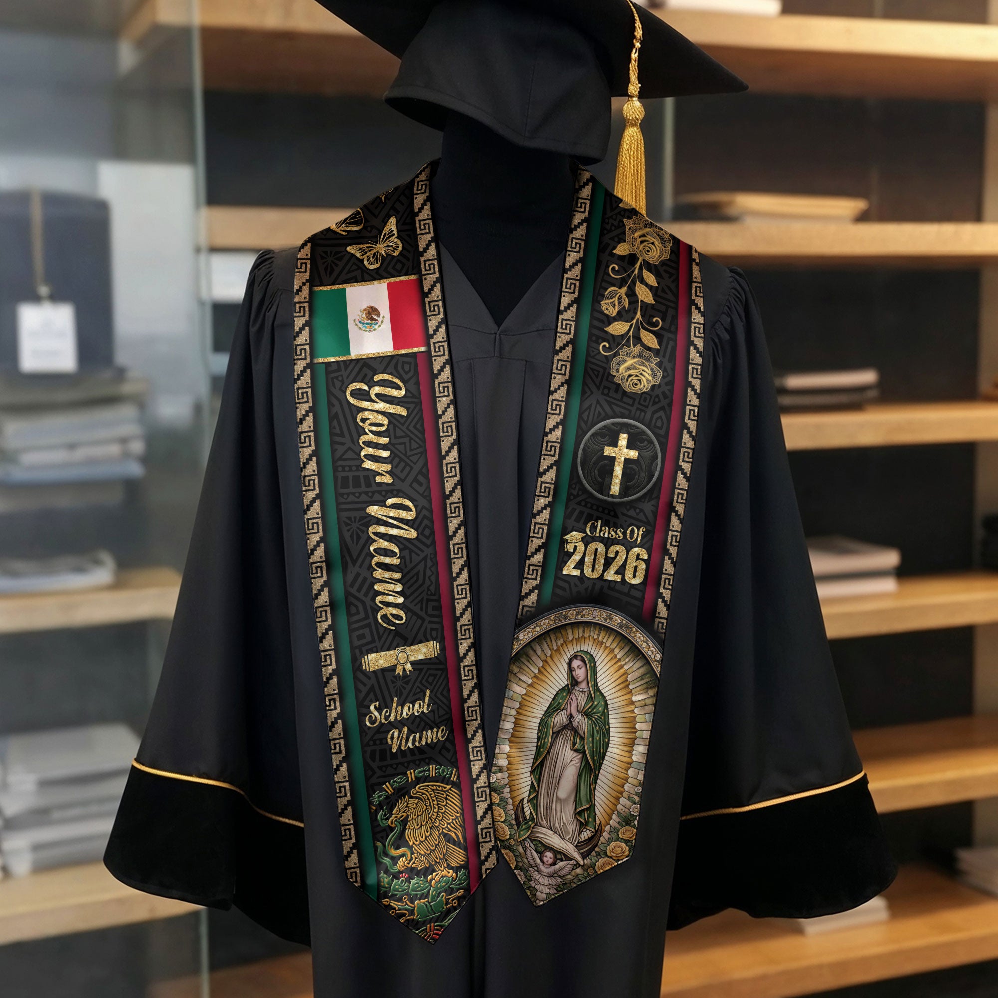 Mexico Graduation Stole 2026 - Personalized Virgin Mary Rose Butterfly Gold Sash