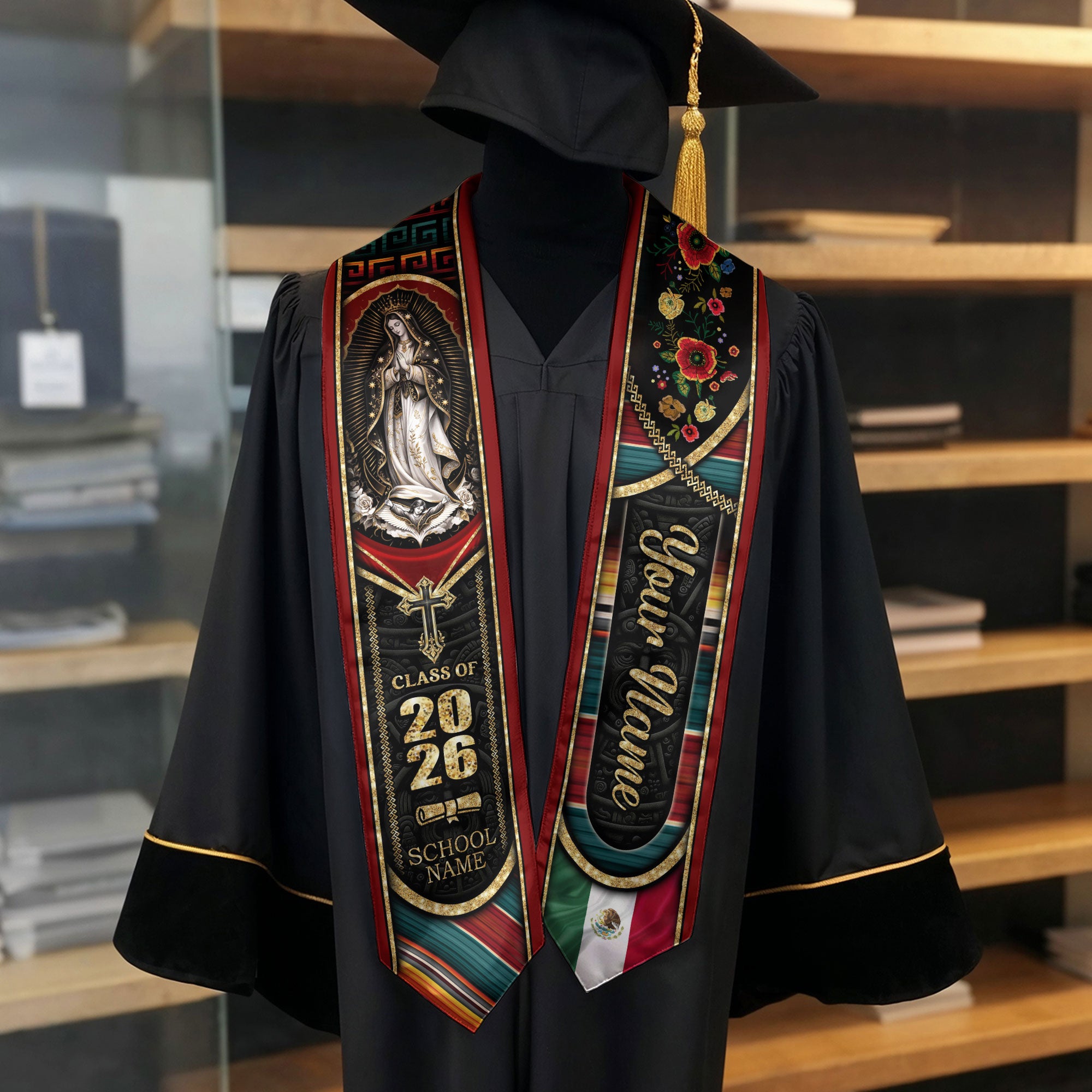 Mexican Heritage Graduation Stole 2026 - Custom Name Floral Embroidered Virgin Mary Sash