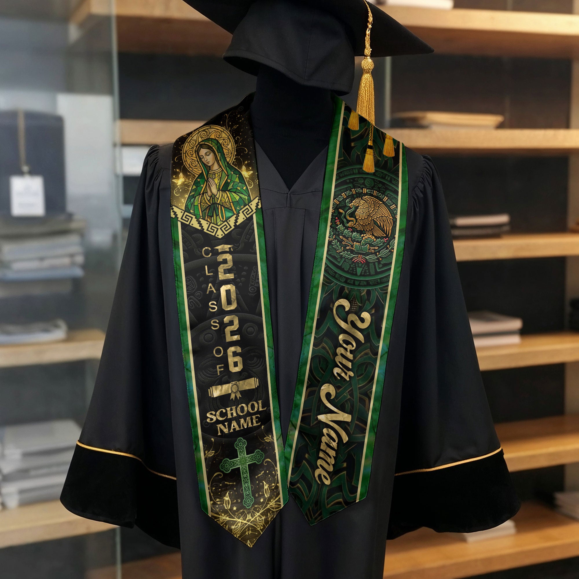 Mexican Heritage Graduation Stole 2026 - Custom Name Green Gold Virgin Mary Cross Sash