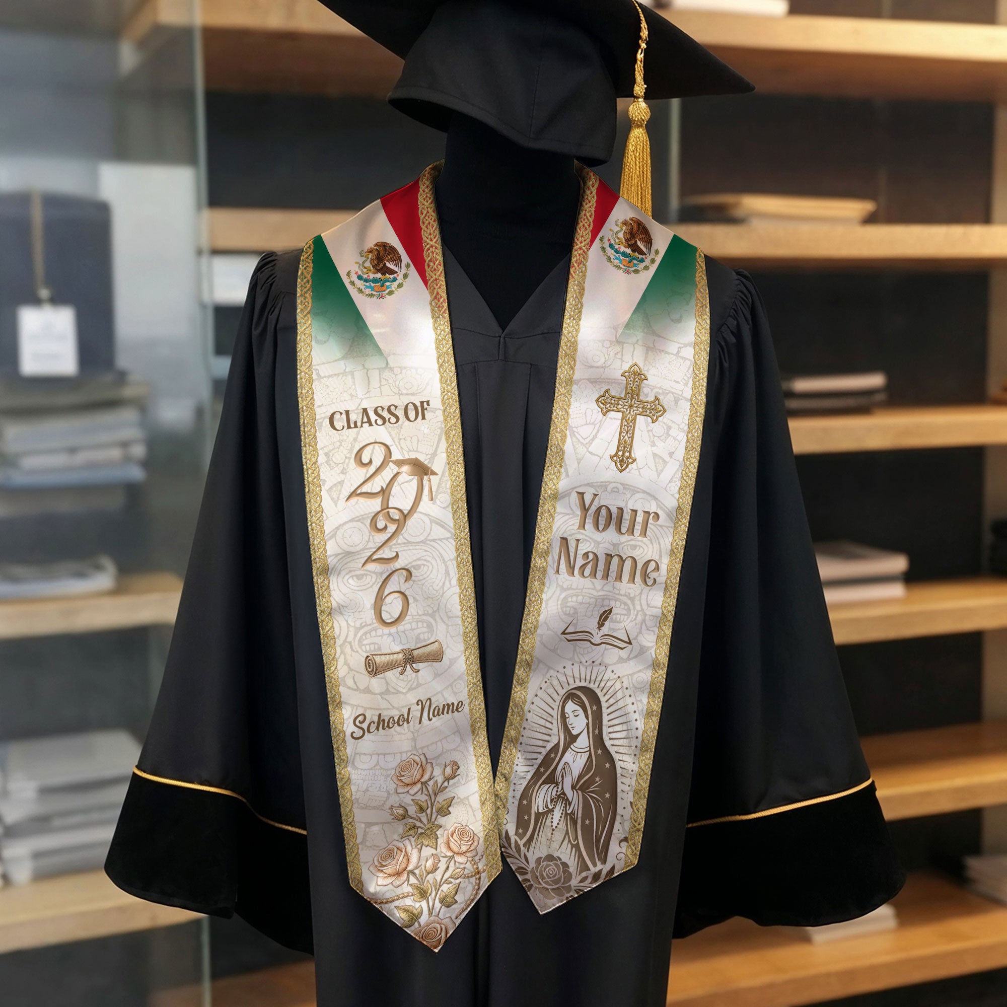 Mexico Graduation Stole Class of 2026 - Custom Name School Rose Virgin Mary