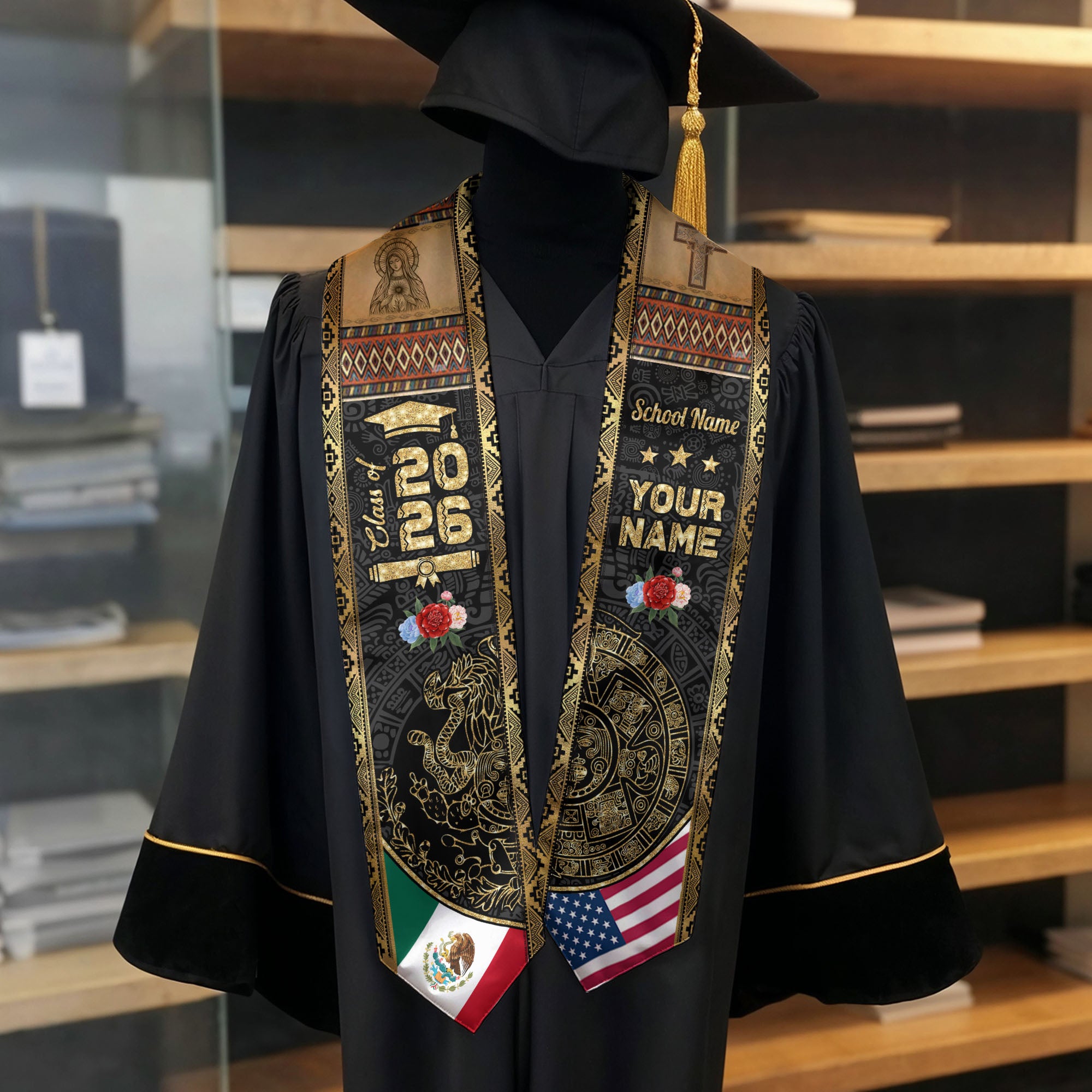 Mexico Graduation Stole 2026 Aztec Calendar Virgin Mary Personalized Sash Gift