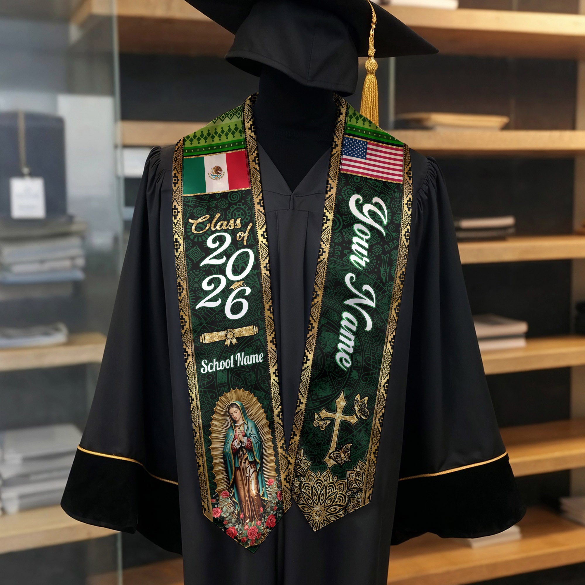 Mexico Graduation Stole 2026 Emerald Green Virgin Mary Personalized Mexican Sash