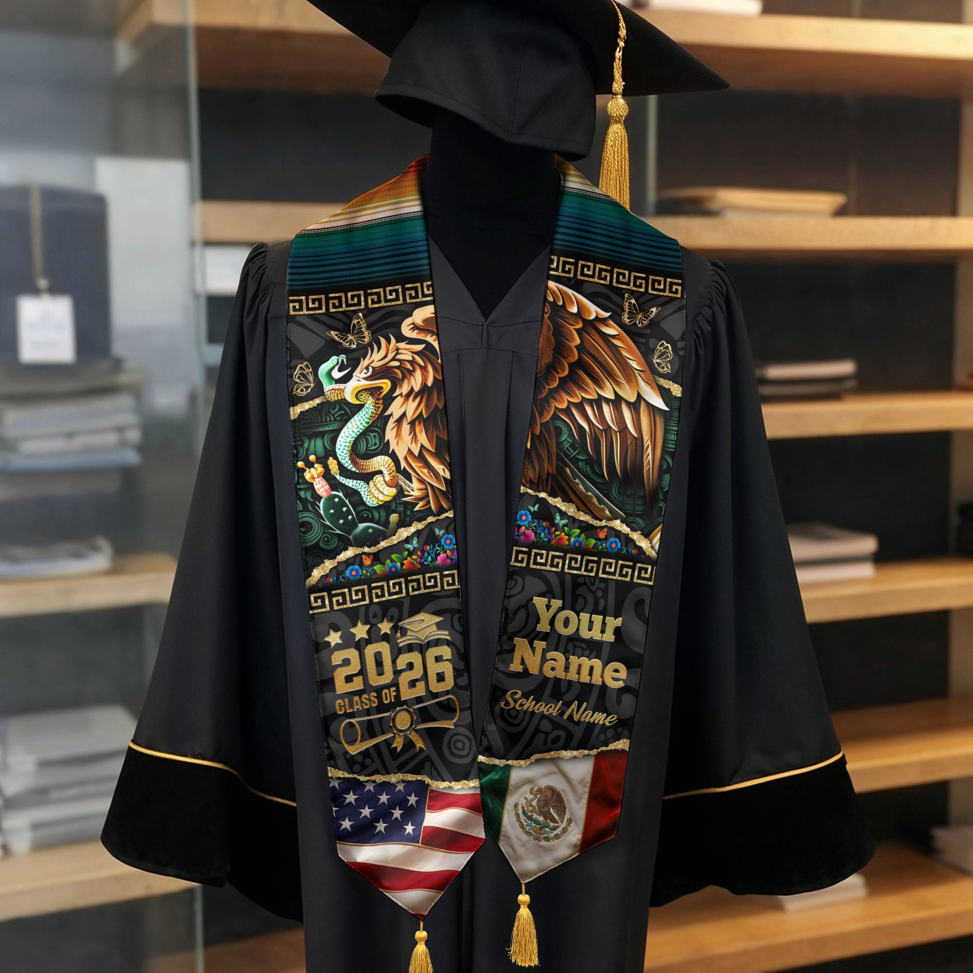 Custom Aztec Eagle Mexico Graduation Stole Tassel Class of 2026 Mexican American Sash