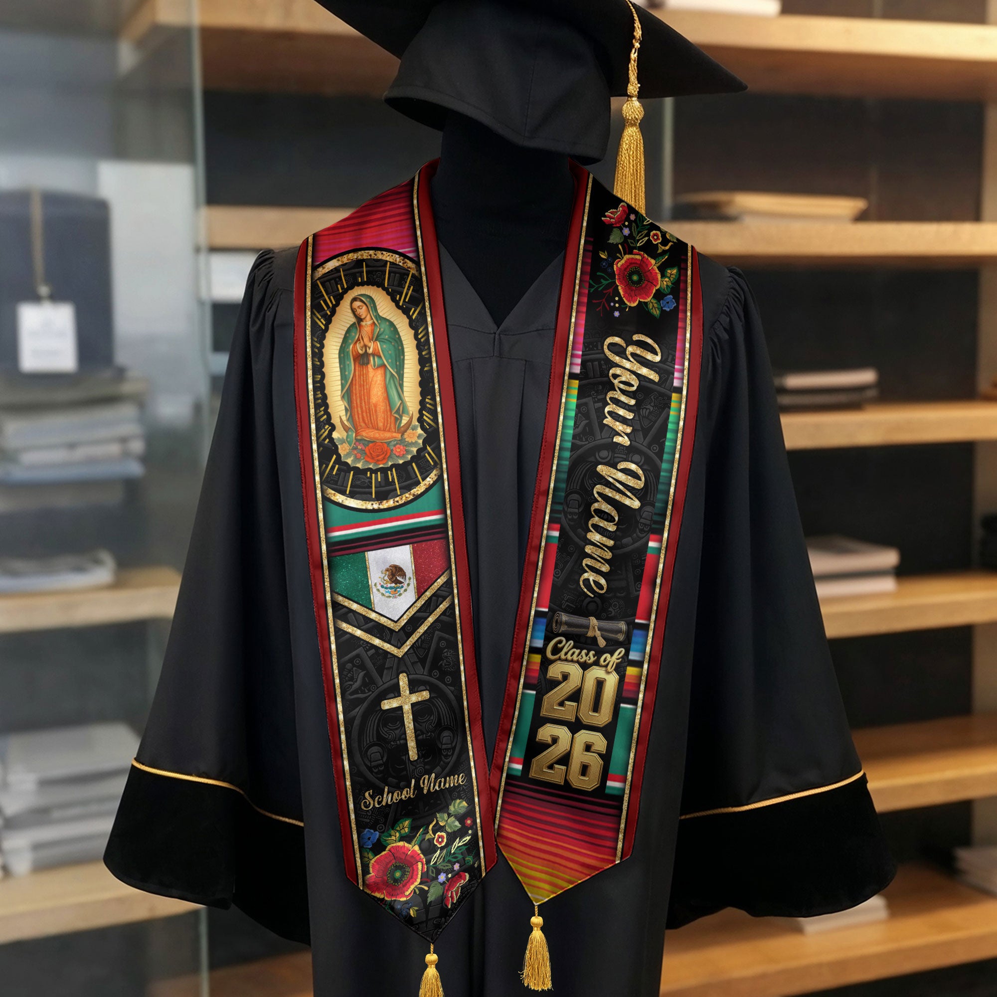 Custom Our Lady of Guadalupe Graduation Stole Tassel Class of 2026 Mexico Burgundy Sash