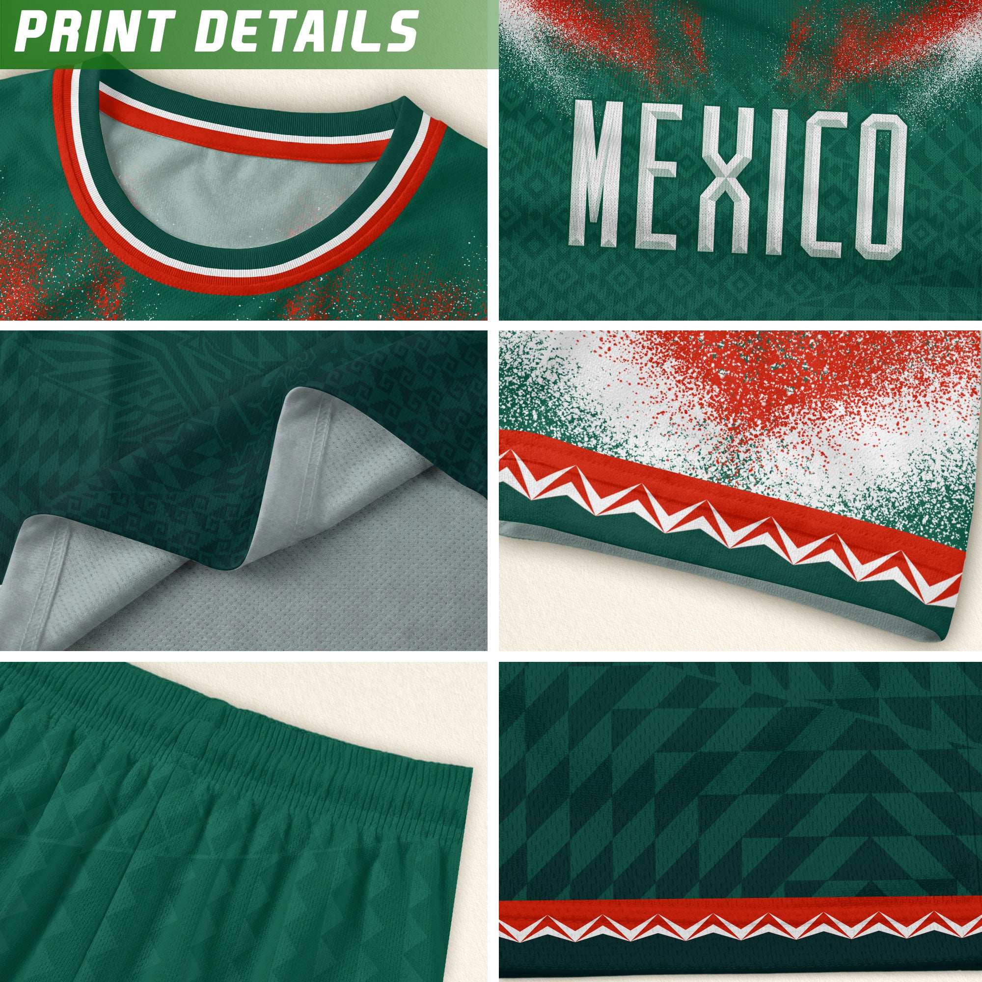 Mexico Soccer Jersey Kids Aztec Pattern Tricolor Green Youth Football Shirt Fan Tee