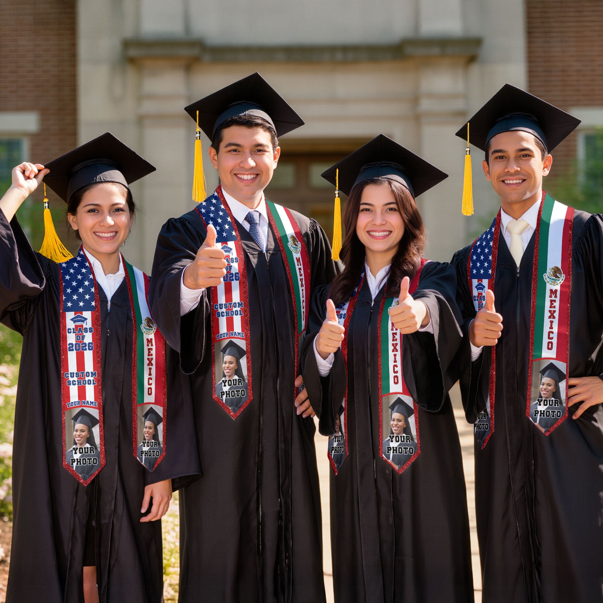 Custom Mexican Graduation Stole 2026 USA Mexico Flag Photo Class Cap School Name