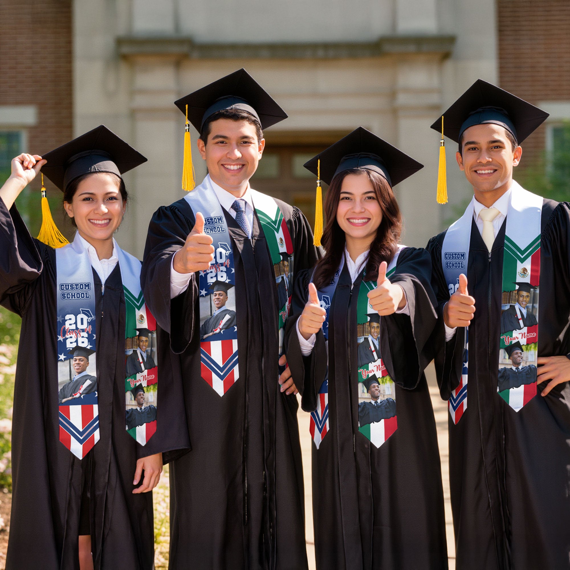 Custom Mexican Graduation Stole 2026 USA Flag Mexico Flag Photo Class School
