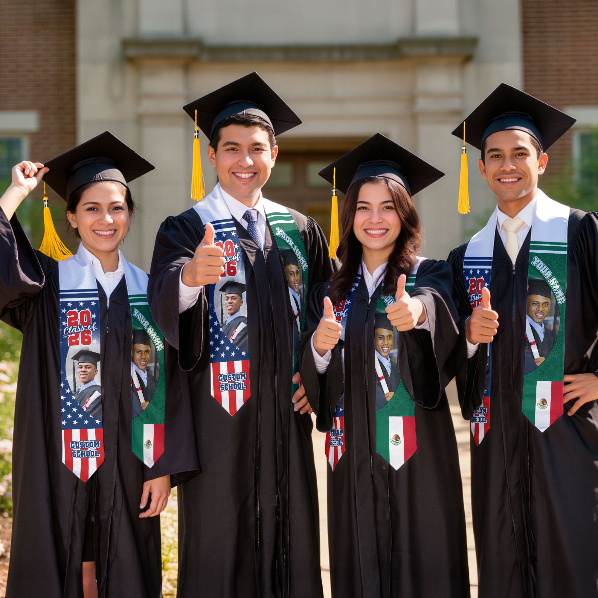 Custom Mexican Graduation Stole 2026 Mexico Flag USA Stars Photo Name School