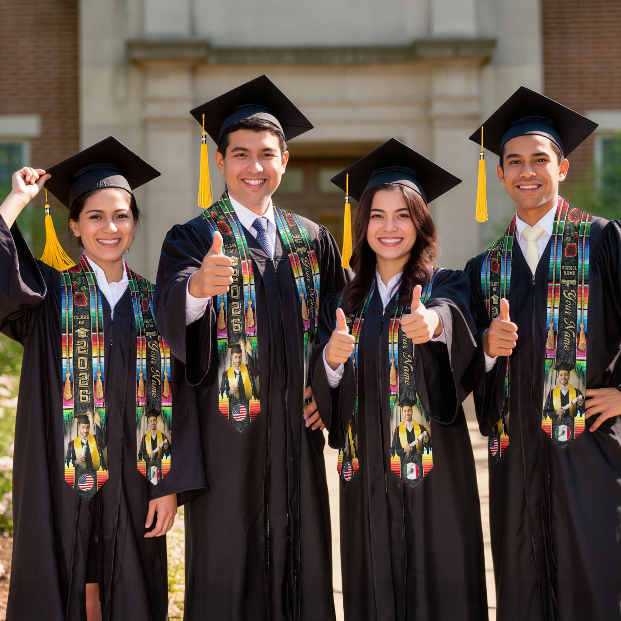 Custom Photo Mexican Graduation Stole 2026 Aztec Serape Rose USA Mexico Flag Sash
