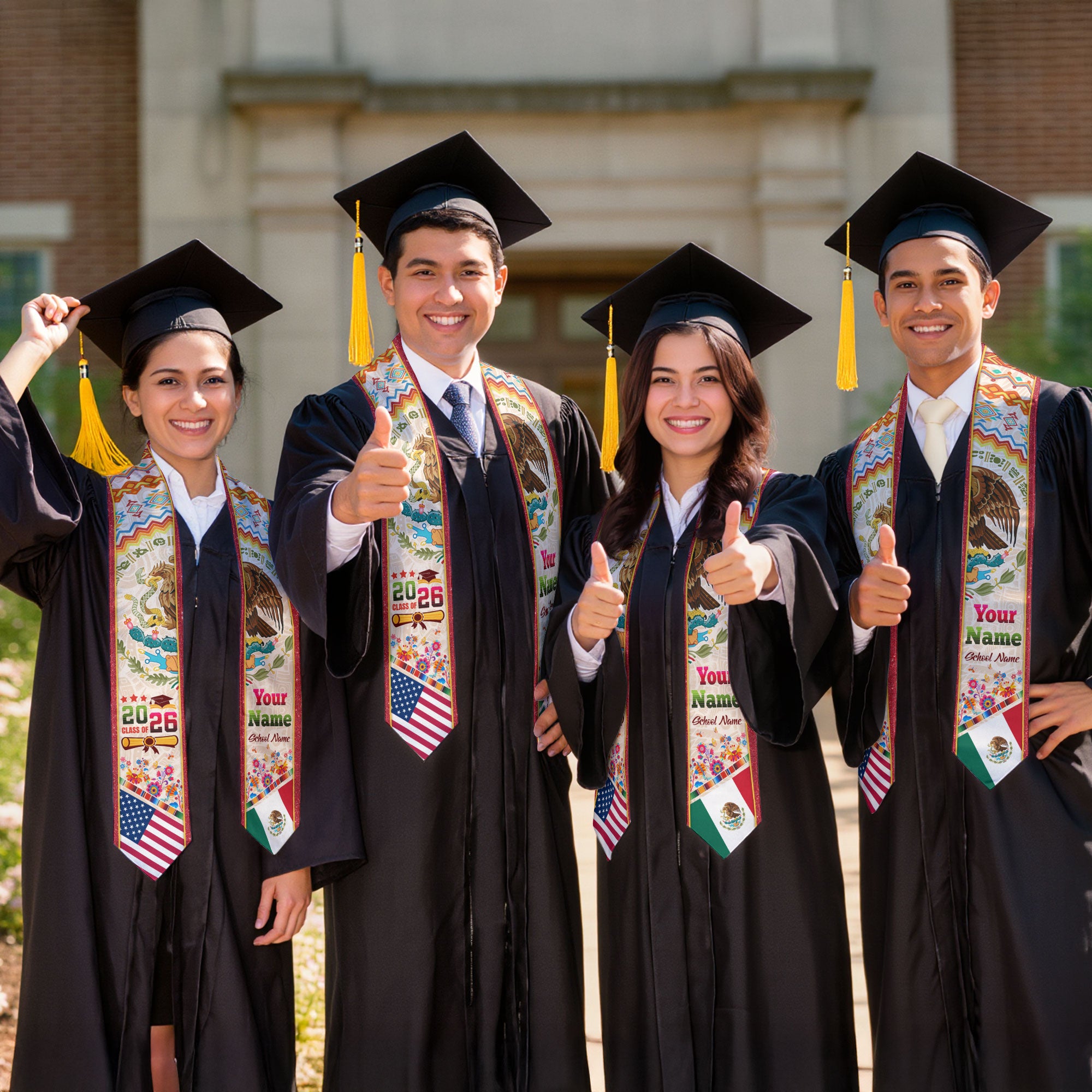 Personalized 2026 Graduation Stole – USA & Mexico Eagle Heritage Senior Sash with Serape Pattern Design