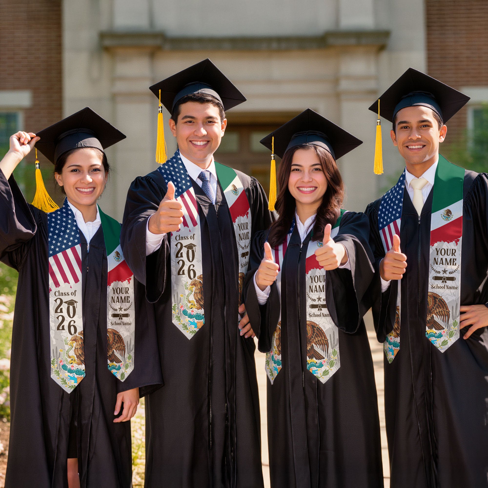 Custom Class of 2026 Graduation Stole – USA & Mexico Flag Senior Sash with Eagle Crest Design