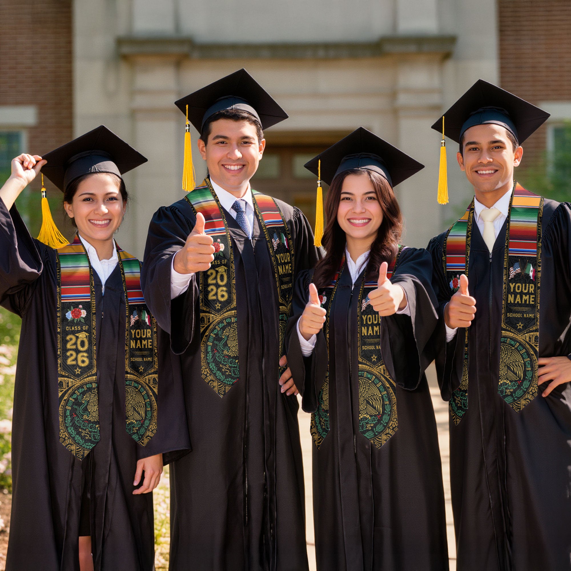 Personalized Class of 2026 Graduation Stole – Black & Gold USA Mexico Heritage Senior Sash with Serape Accent
