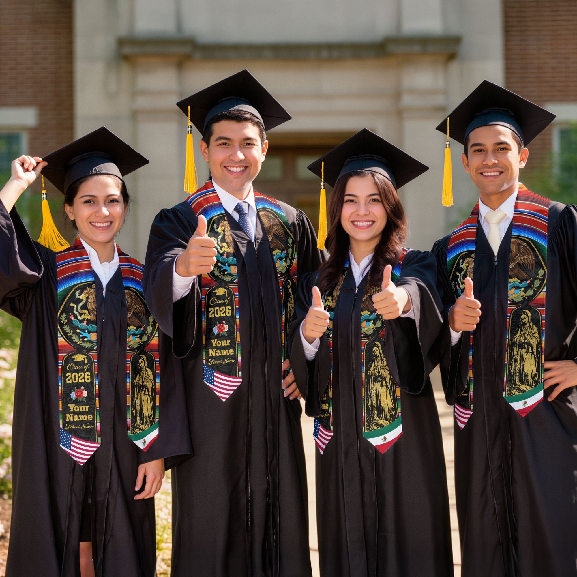 Class of 2026 Heritage Graduation Stole – Personalized USA & Mexico Sash with Golden Virgen & Eagle Crest