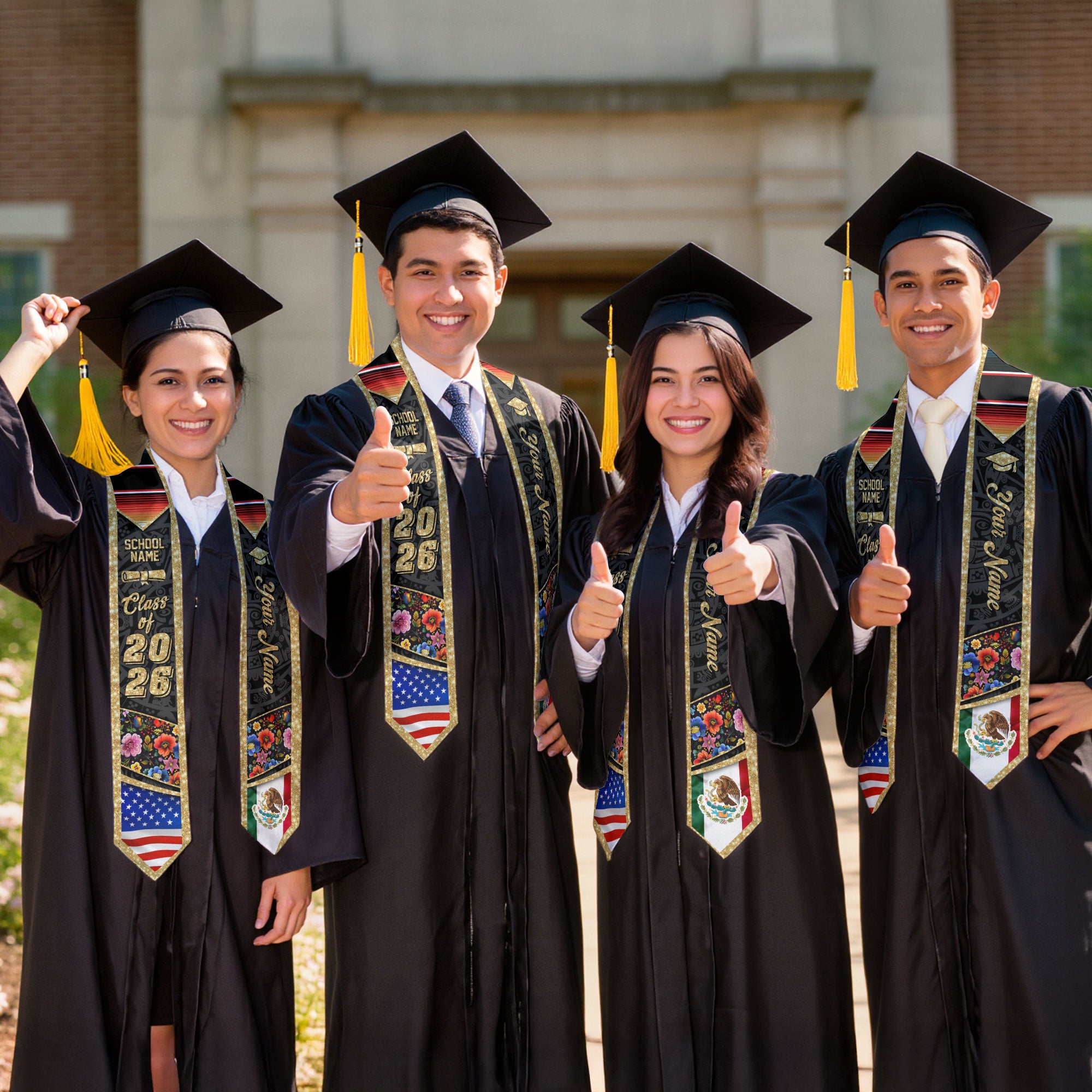 Custom Class of 2026 Graduation Stole – Personalized USA & Mexico Flag Senior Sash with Floral Gold Design