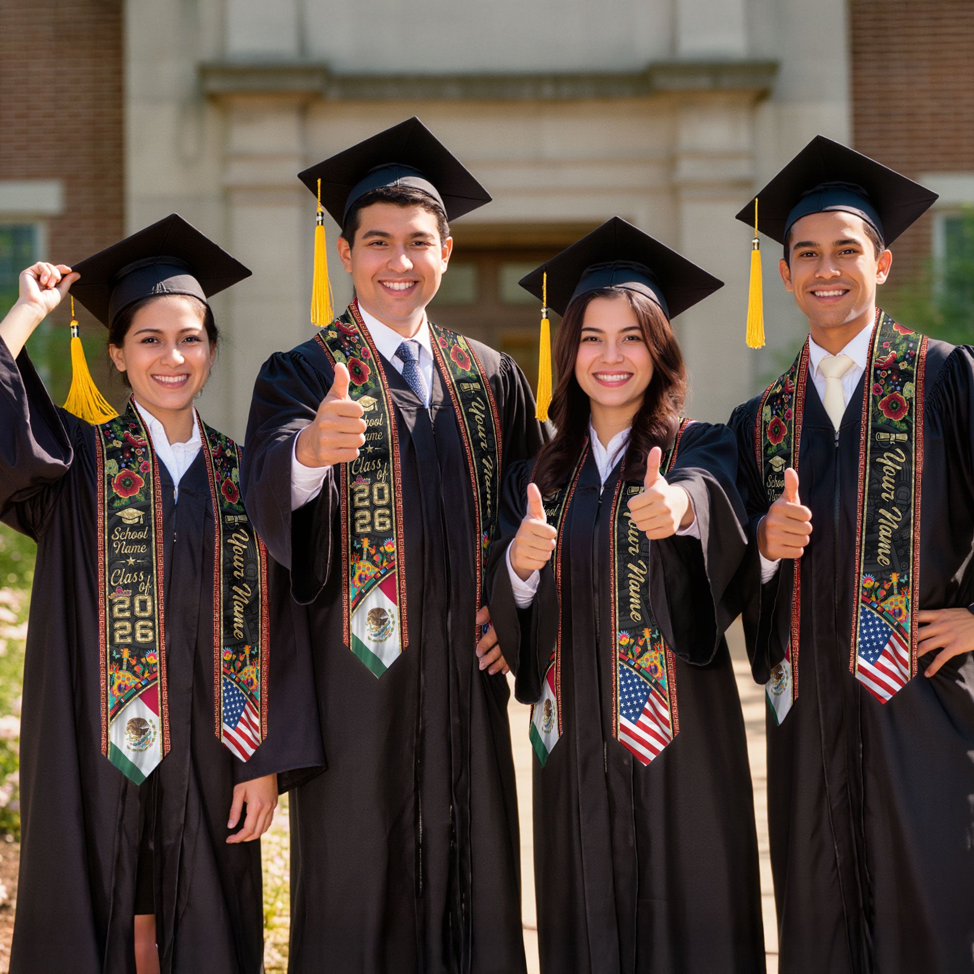 Personalized 2026 Graduation Stole – Mexican & American Heritage Senior Sash with Red Floral Gold Detail