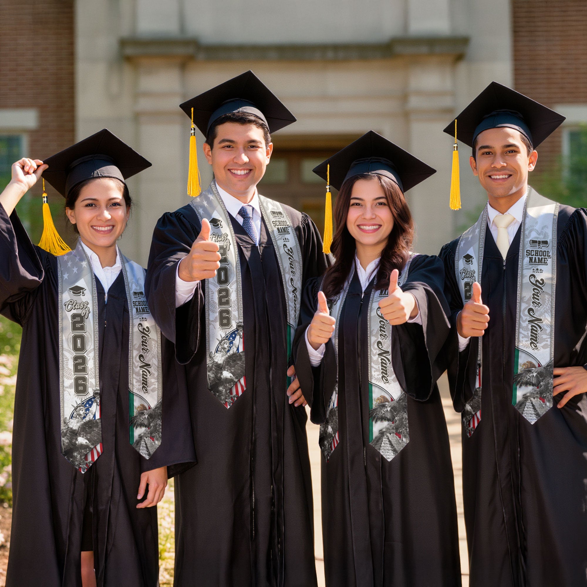 Class of 2026 Silver Graduation Stole – USA & Mexico Pride Senior Sash with Eagle & Statue Design