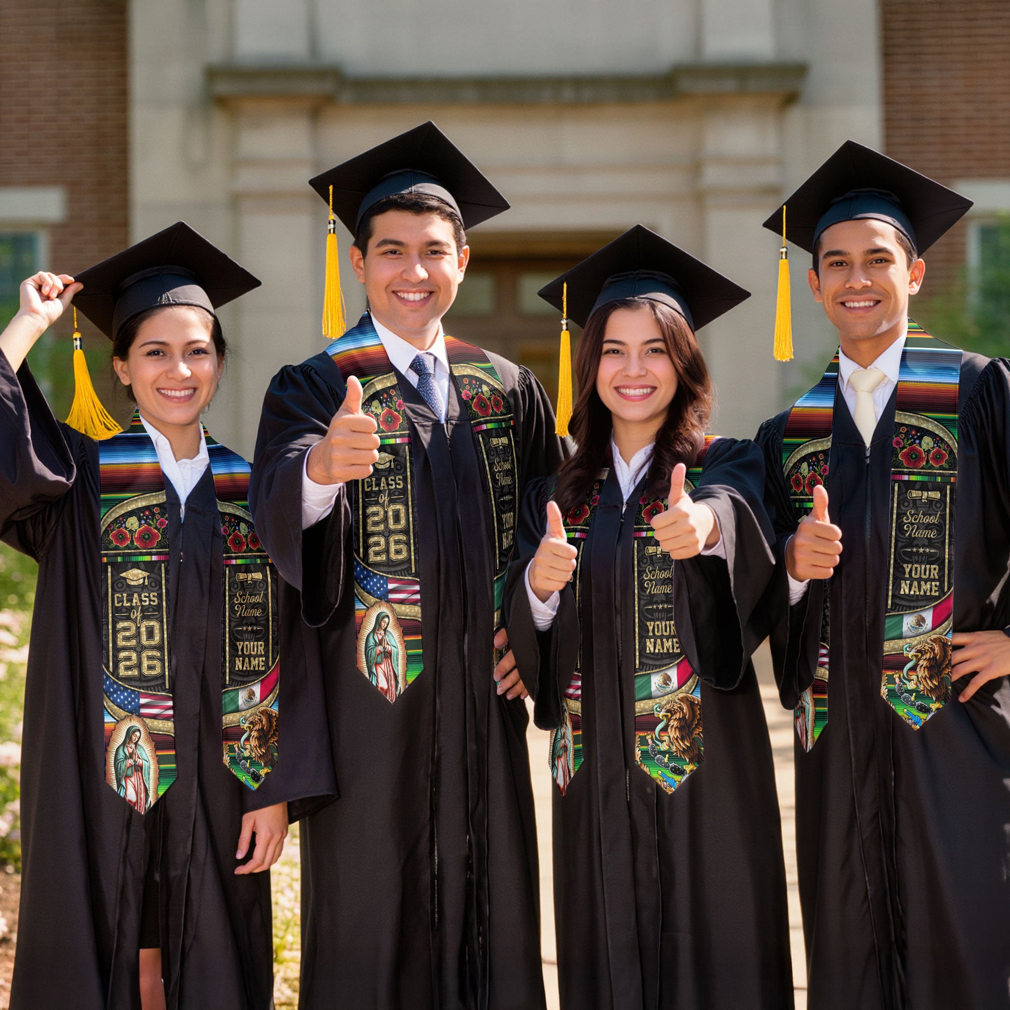 Virgen de Guadalupe 2026 Graduation Stole – Personalized USA & Mexico Heritage Senior Sash with Eagle & Serape Design