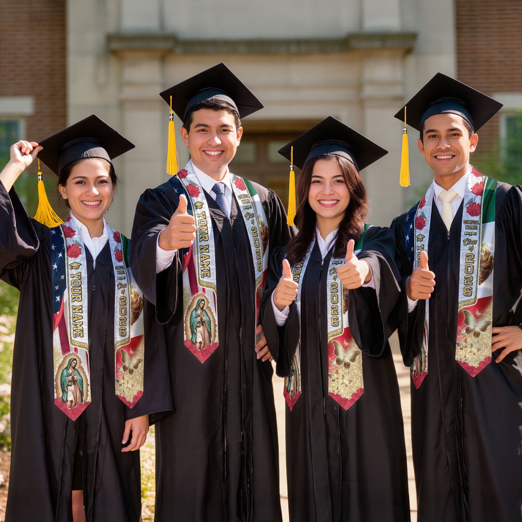 Custom Class of 2026 Graduation Stole – Virgen de Guadalupe USA & Mexico Senior Sash with Gold Butterfly Design
