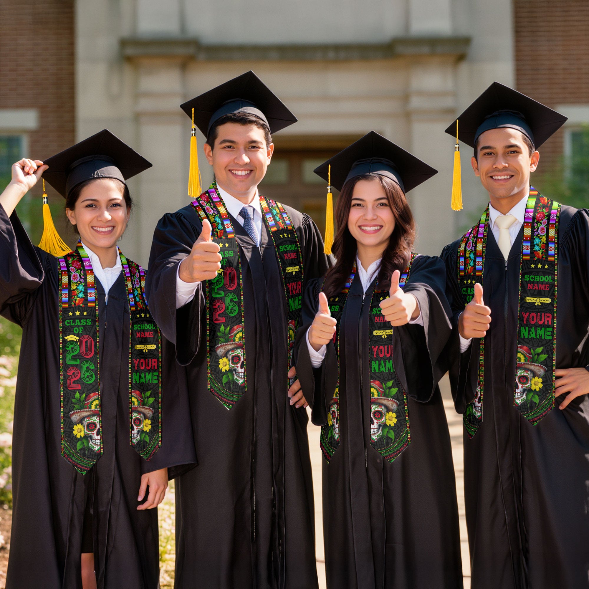 Custom Class of 2026 Graduation Stole – Mexican Serape & Sugar Skull Design, Personalized School and Name Sash