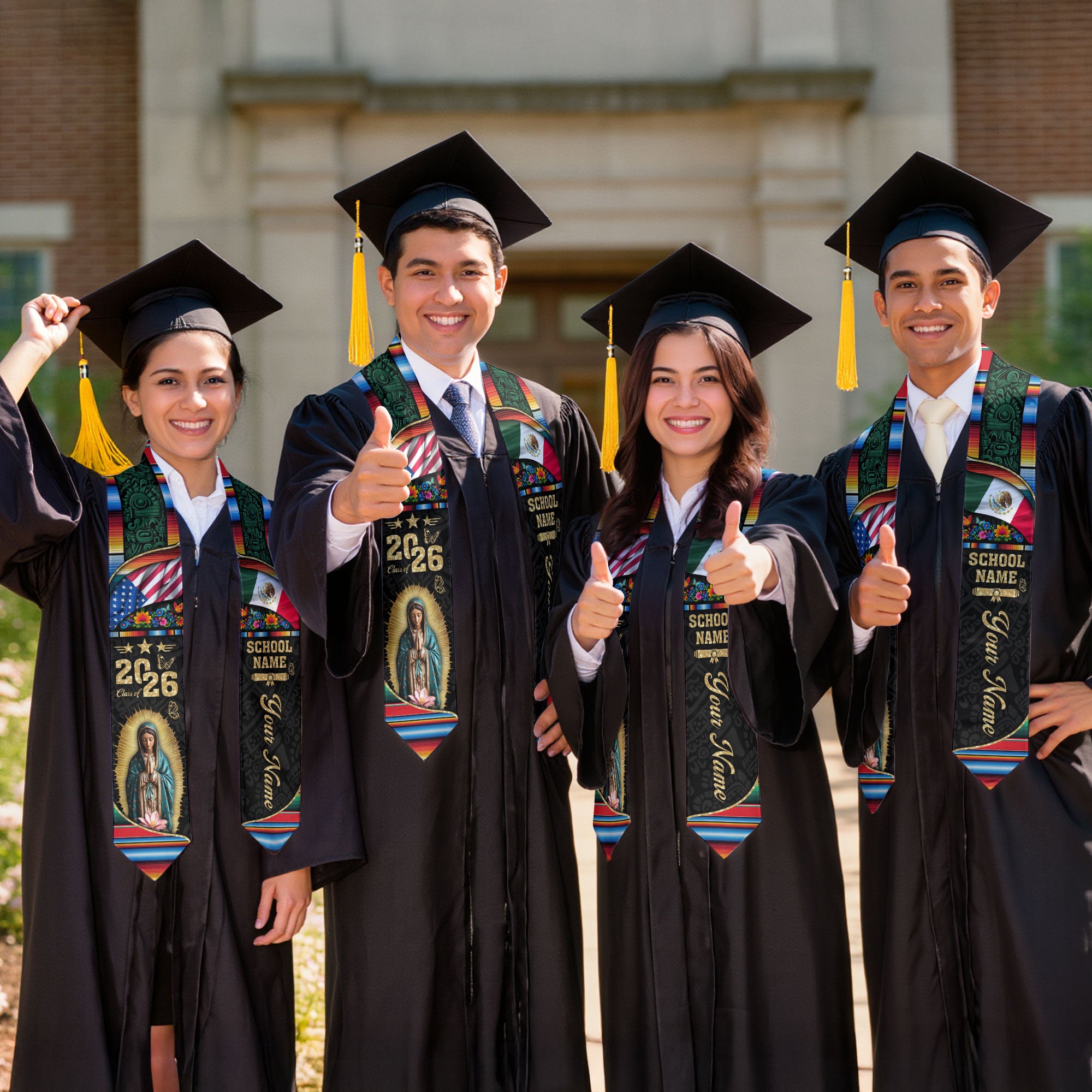 Custom Virgen de Guadalupe Class of 2026 Graduation Stole – USA & Mexico Flag Personalized Senior Sash