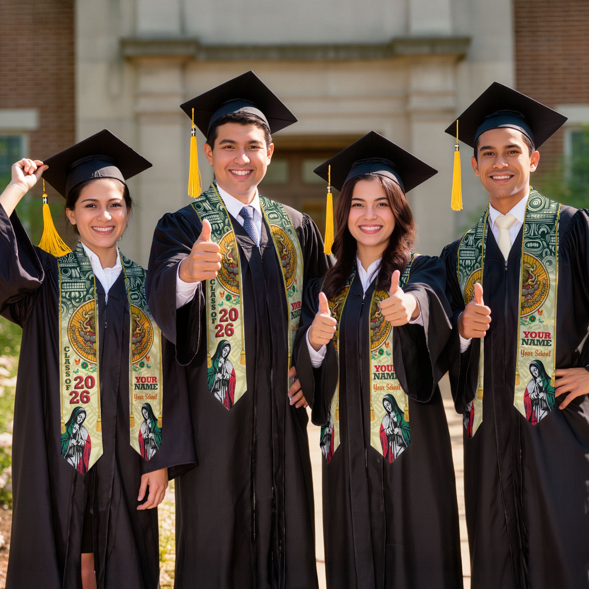 Custom Aztec Sun & Virgen Graduation Stole 2026 – Personalized Class of 2026 Senior Sash with School Name