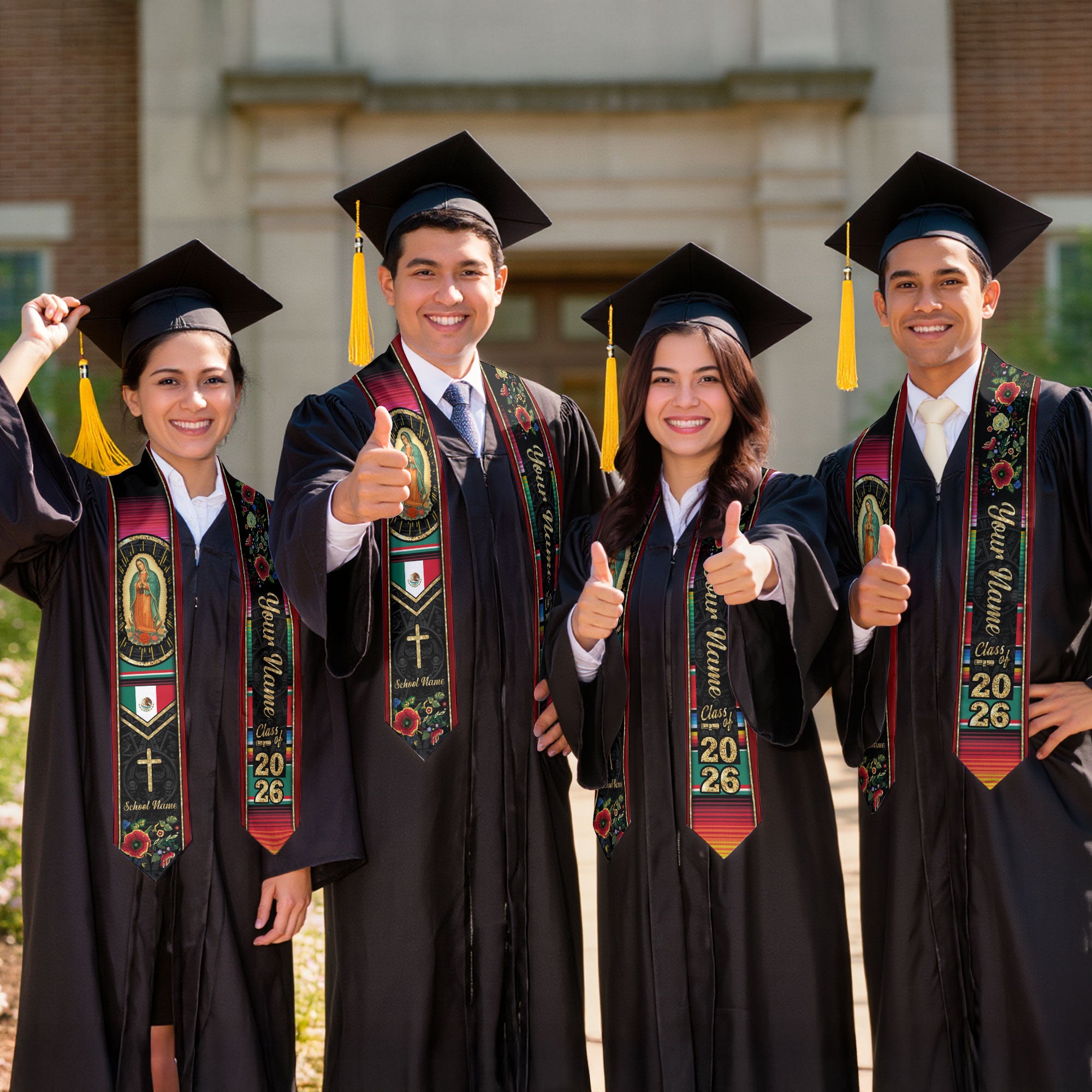 Custom Virgen de Guadalupe Christian Graduation Stole 2026 – Personalized Class of 2026 Senior Sash with Cross & Floral Design