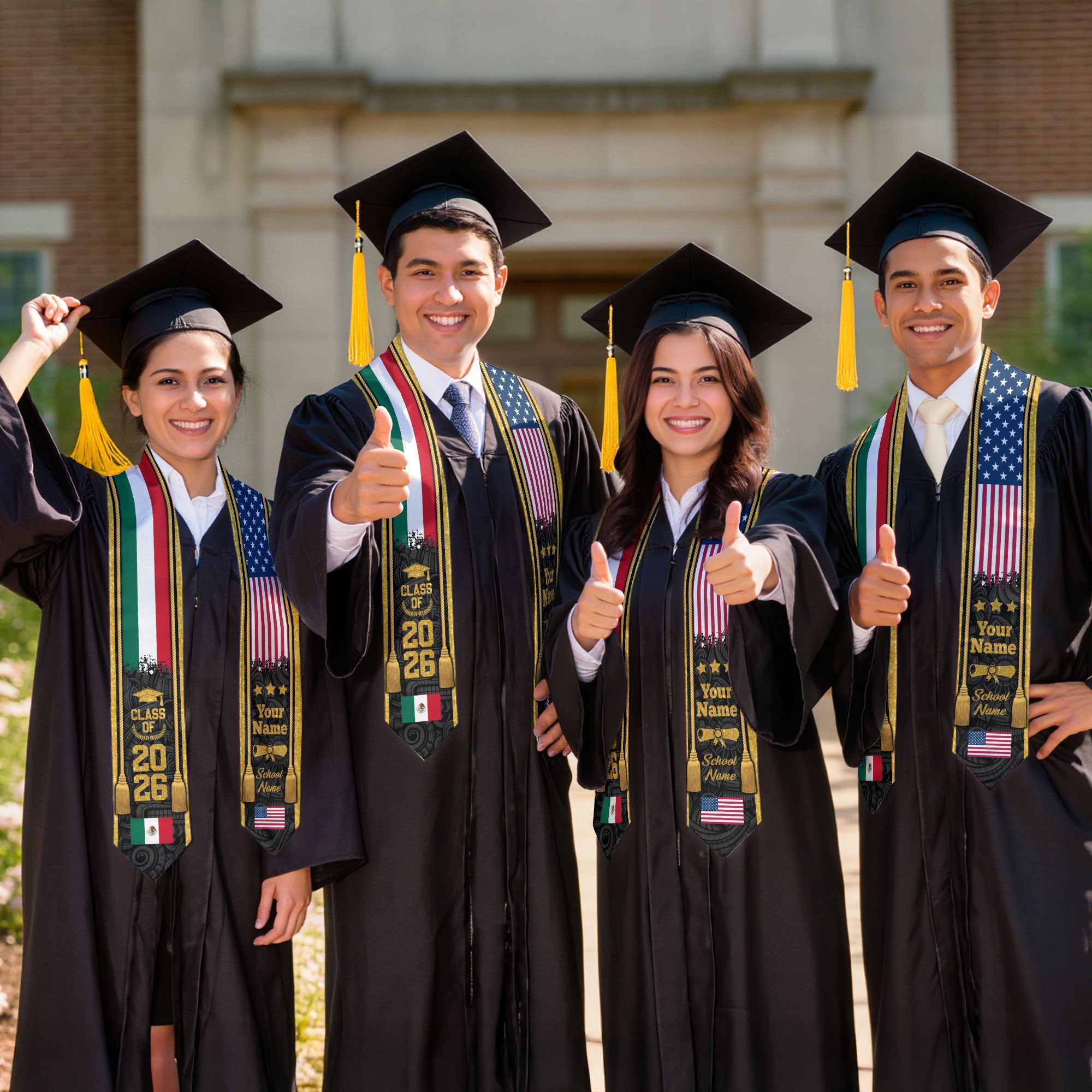 Custom USA & Mexico Flag Graduation Stole 2026 – Personalized Class of 2026 Senior Sash with Gold Tassel Design