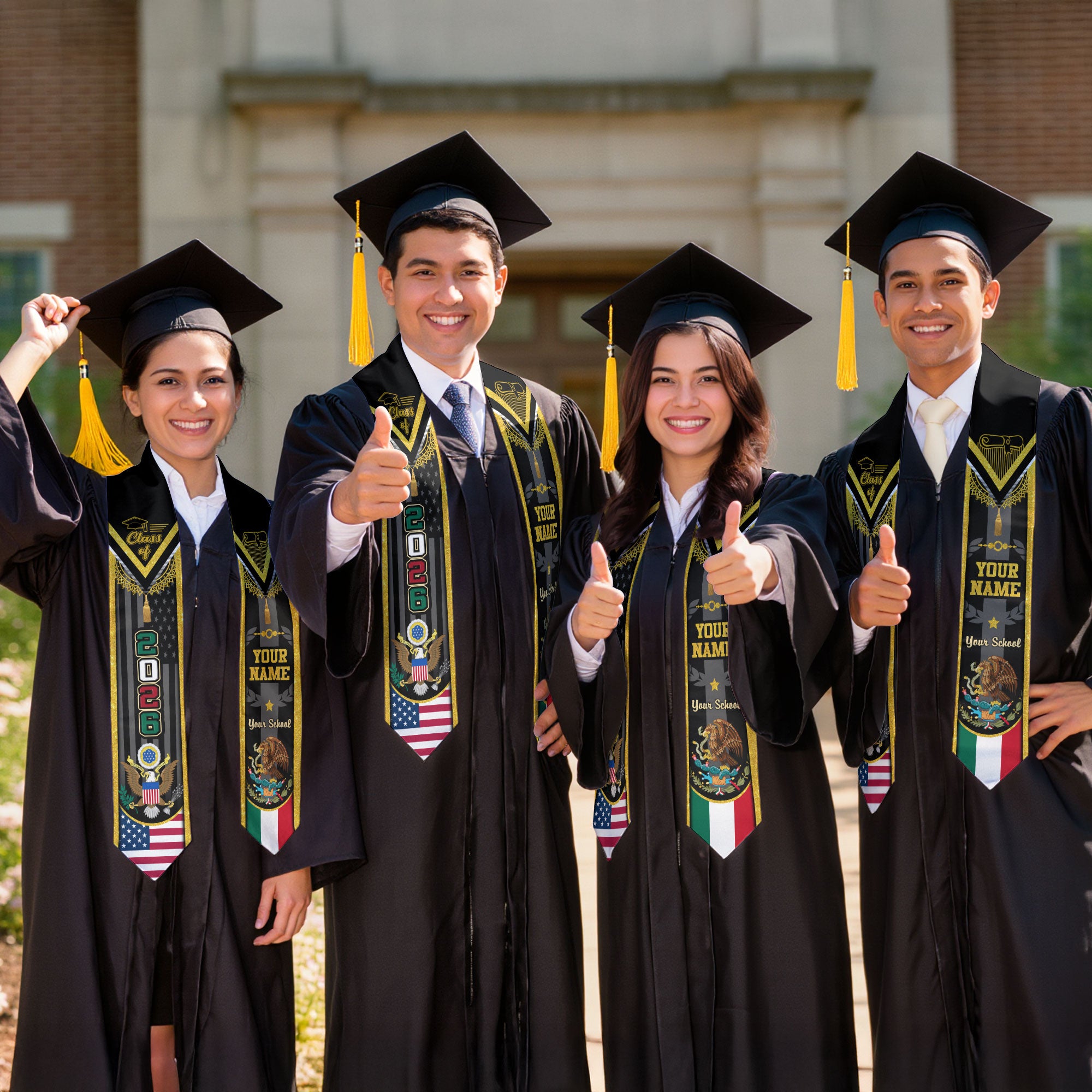 Custom USA Mexico Heritage Graduation Stole 2026 – Personalized Senior Sash with Eagle Crest & National Flag Design