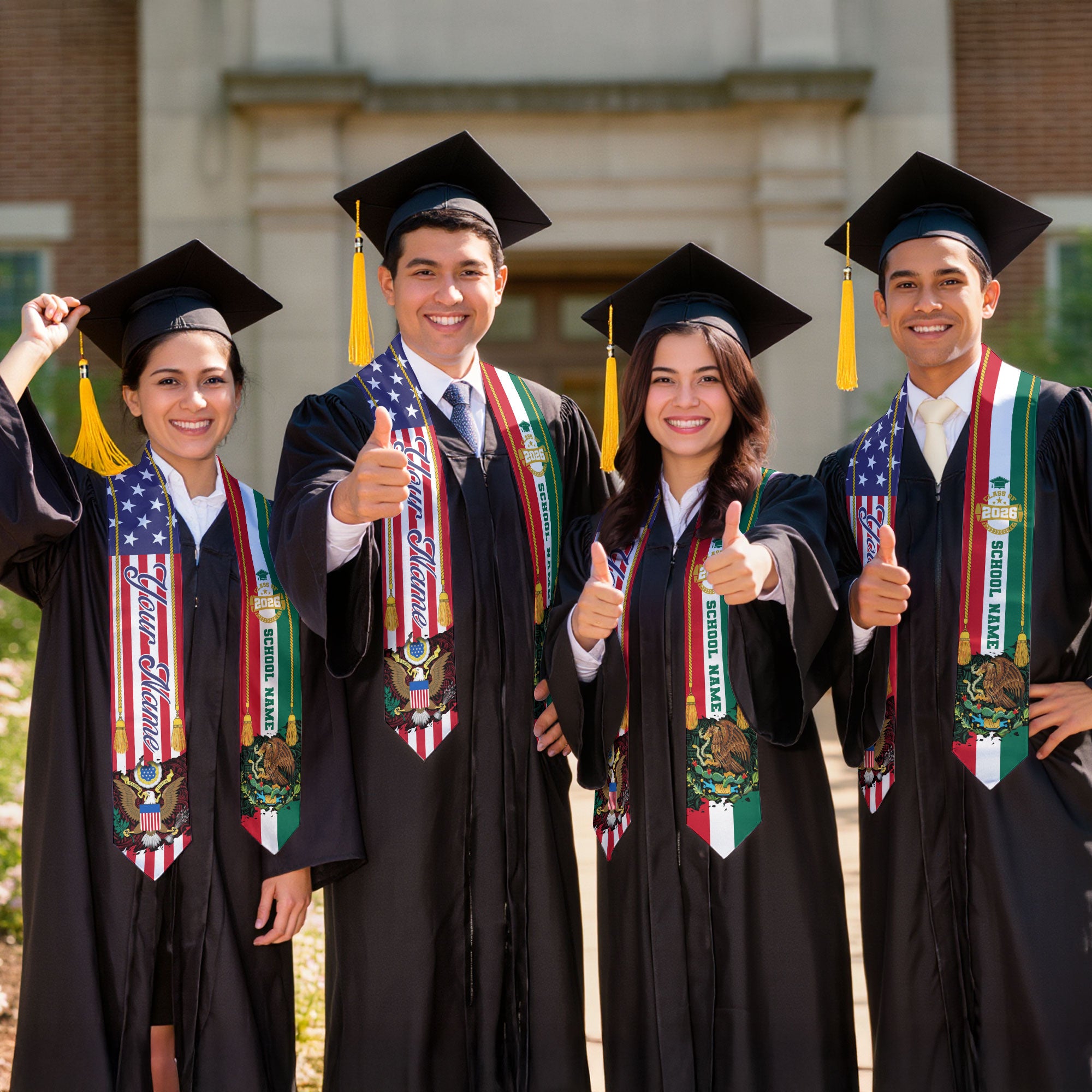 Personalized Mexican American Graduation Sash Class of 2026 Flag Eagle Name Stole