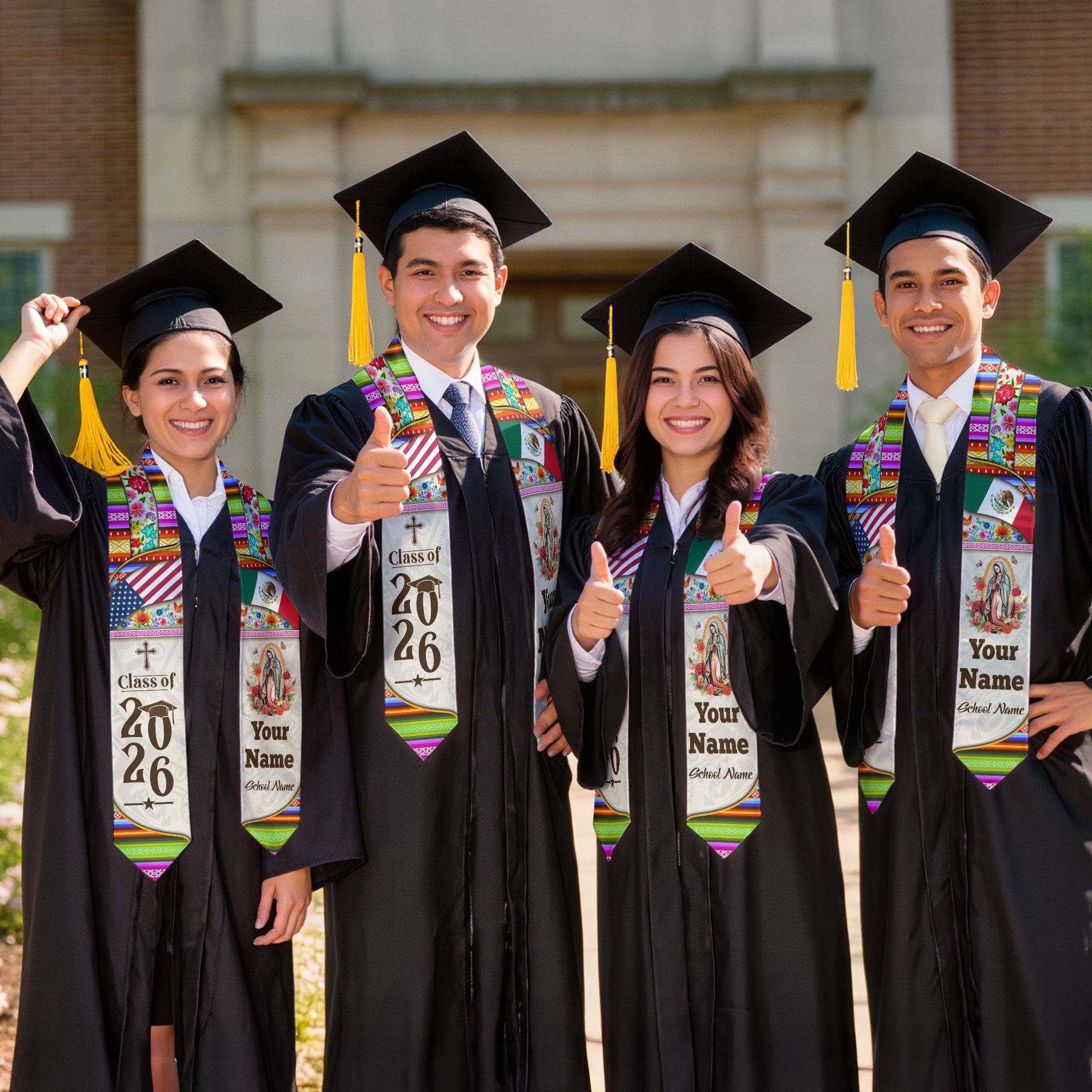 Custom Mexican Graduation Stole Mexico Sash Virgin Mary Cross Aztec Floral USA Flag 2026