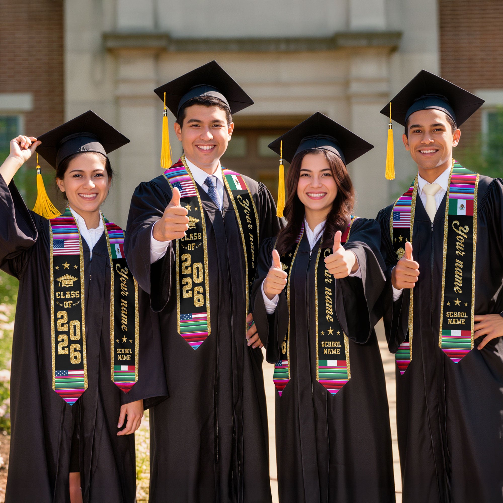 Mexican Graduation Stole Custom Name Mexico USA Flag Serape Gold Glitter Class 2026