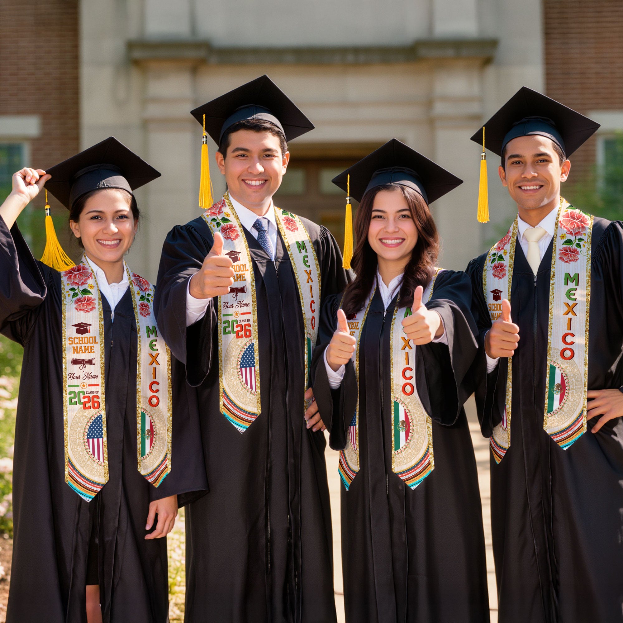 Mexican Graduation Stole Custom Name Mexico USA Flag Aztec Rose Class 2026