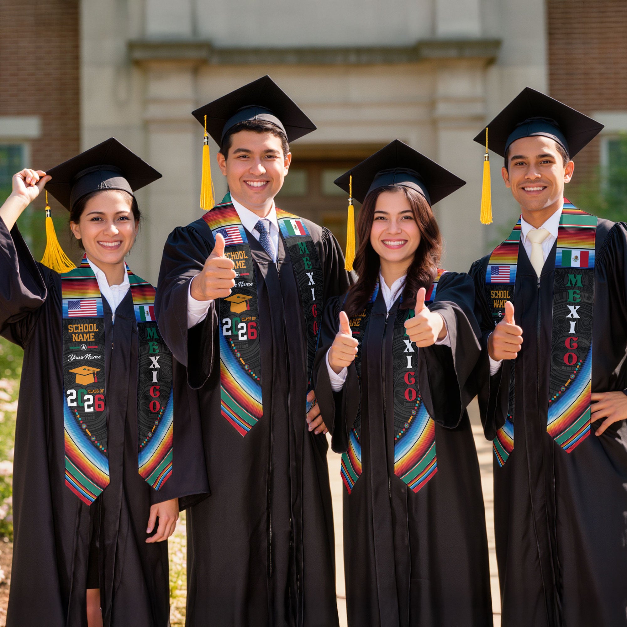 Custom Mexican Graduation Stole Mexico Sash Aztec Pattern Serape USA Flag 2026
