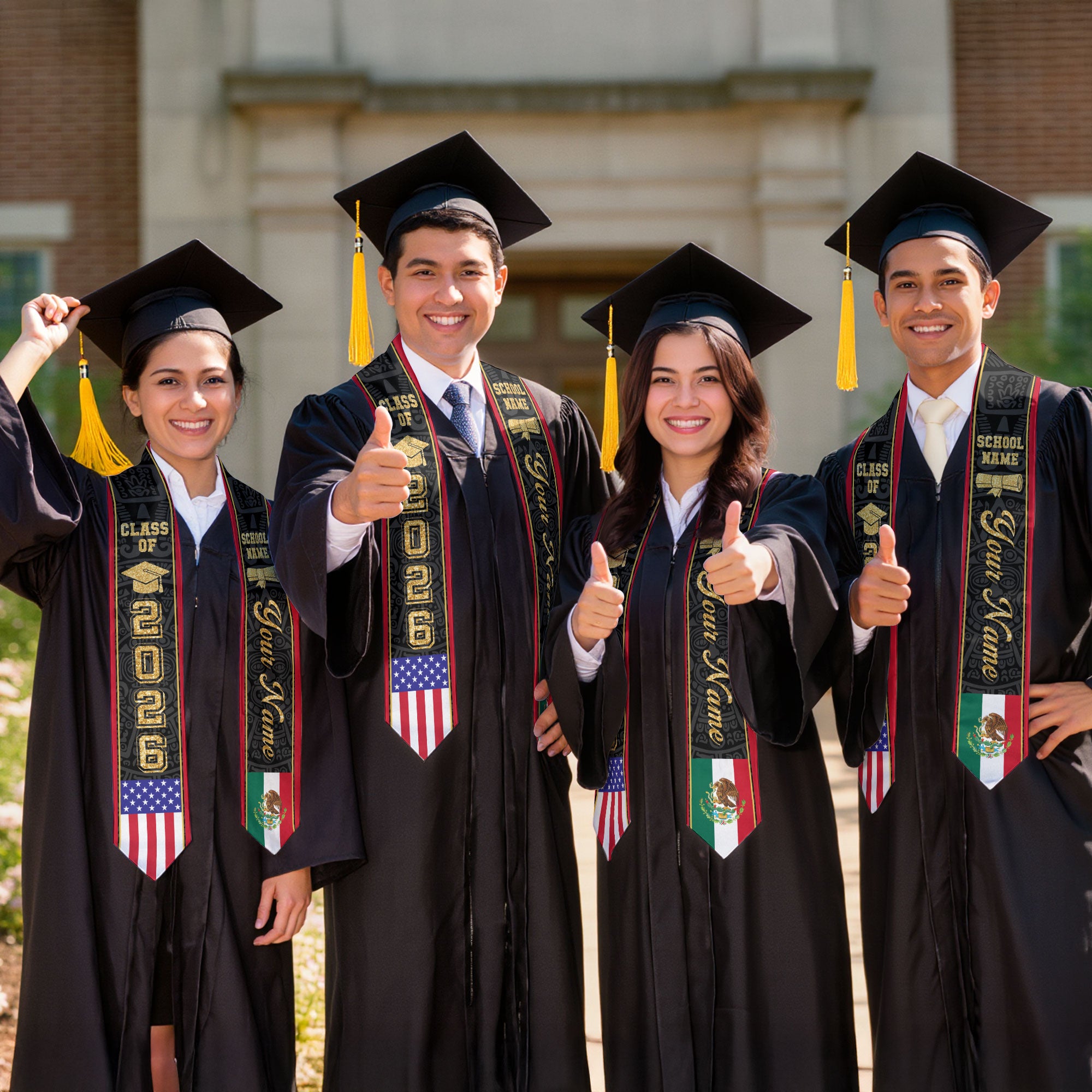 Mexican Graduation Stole Custom Name Mexico Sash Aztec Gold Glitter USA Flag 2026