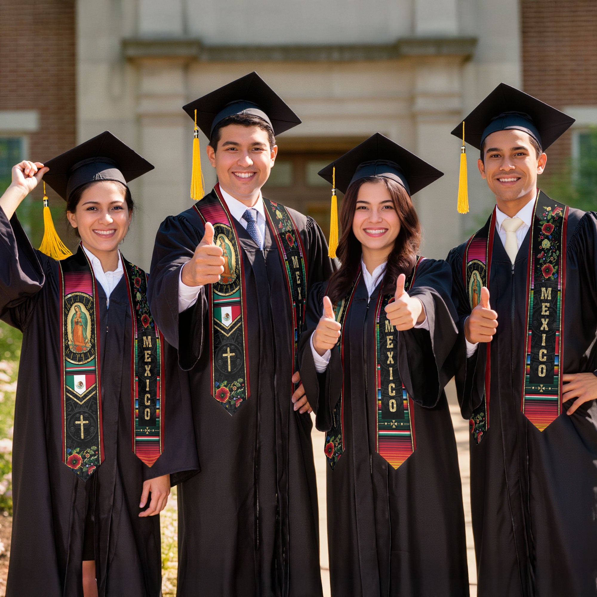 Mexican Graduation Stole Mexico Sash Aztec Virgin Mary Cross Serape Flowers