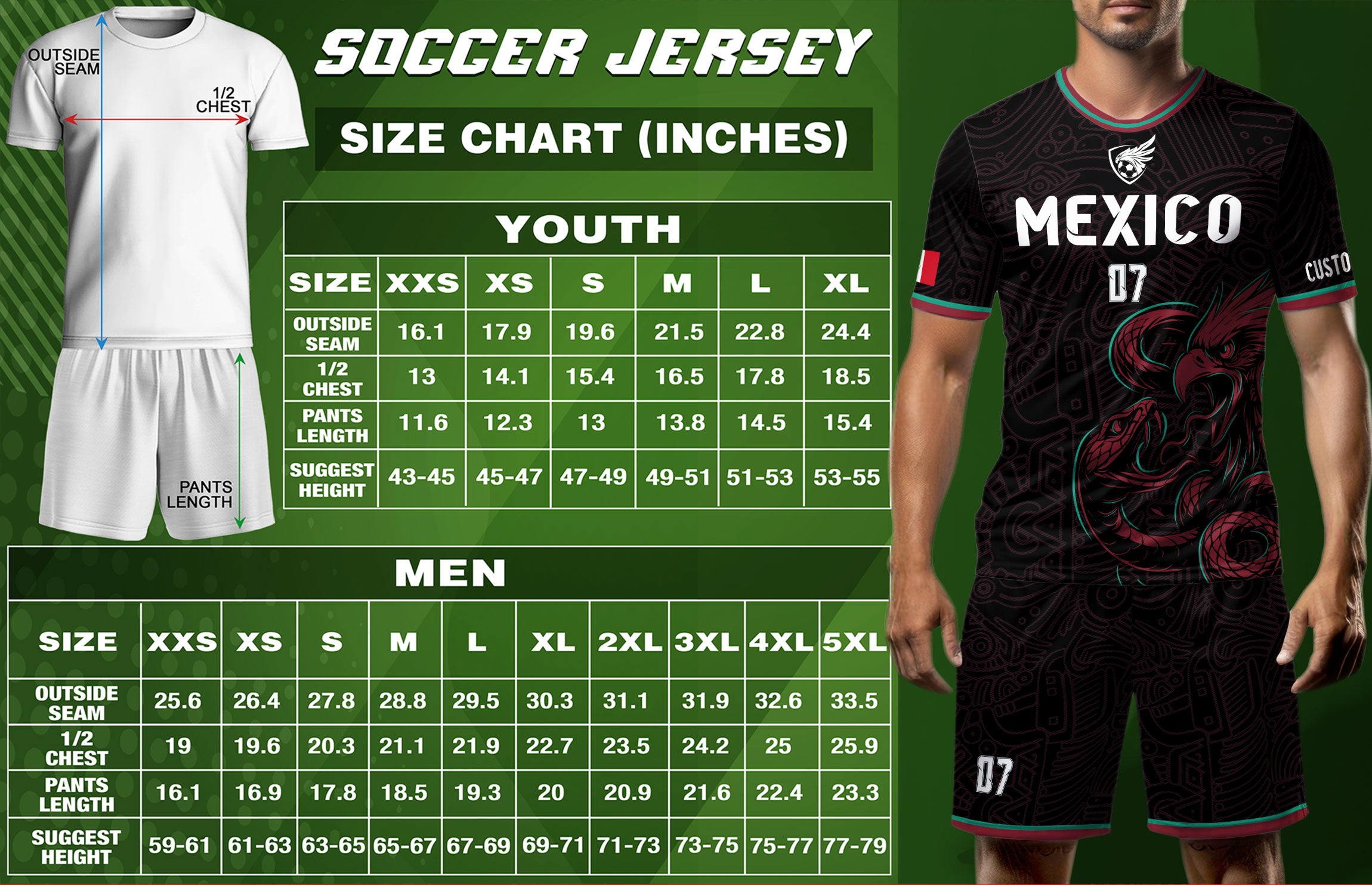 Custom Mexico Black Aztec Eagle Serpent Design Soccer Jersey